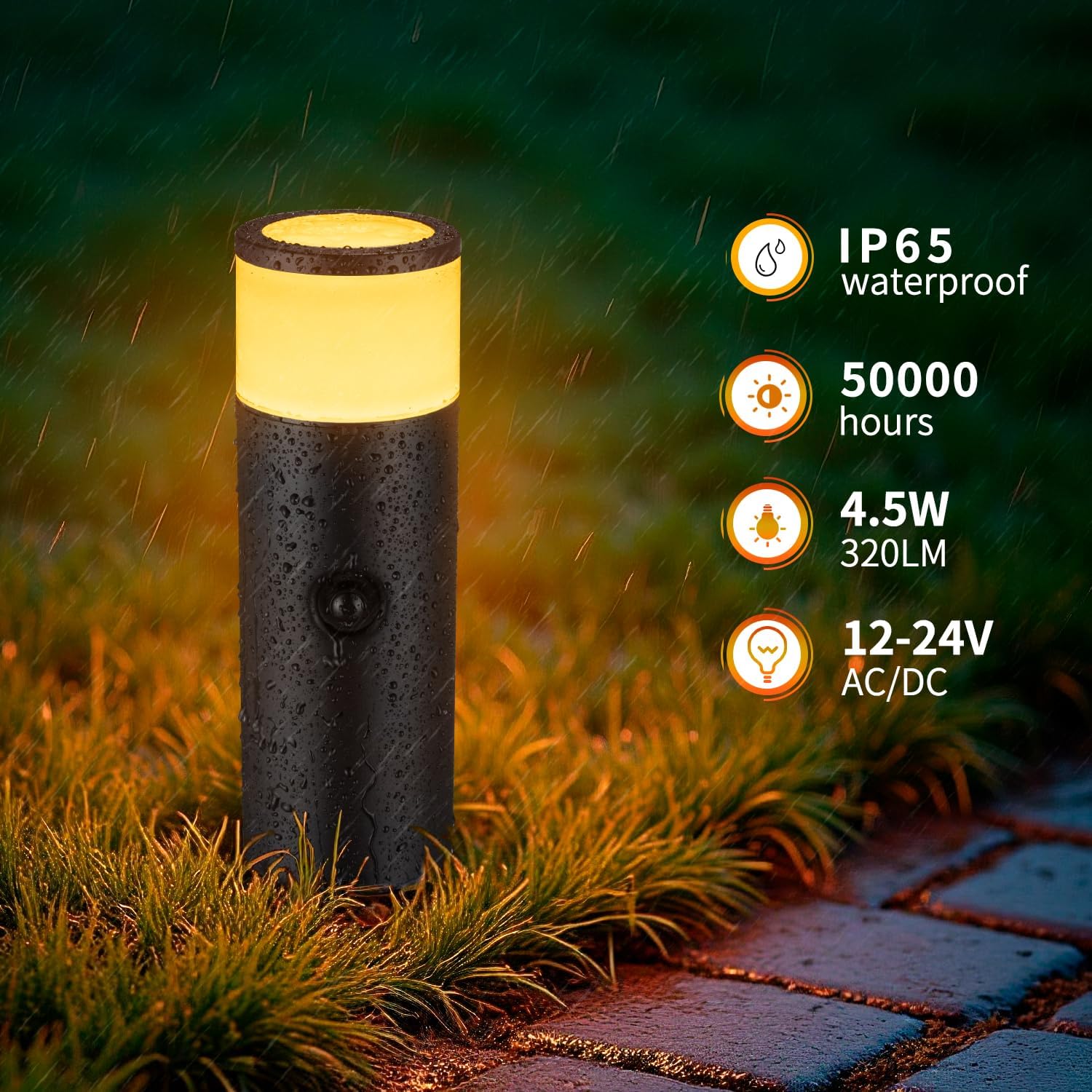 5CCT Low Voltage Bollard Pathway Lights, 4.5W 320LM 12-24V AC/DC Aluminum Waterproof Outdoor Landscape Cylinder Path Light, Glass head 4FT Corded with IP65 Wire Nuts, 4Pack 1800/2200/2700/4000/5000K