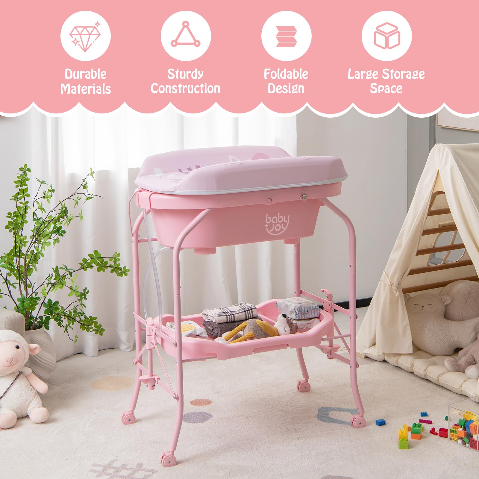 BABY JOY Vasca da bagno per bambini con fasciatoio, stazione pieghevole per fasciatoio con vassoio portaoggetti, tappetino impermeabile, organizer portatile per neonati con 4 ruote universali (rosa)