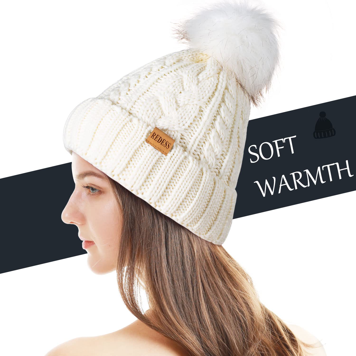 REDESS Cappello Invernale da Donna con Pom Pom Beanie Caldo Foderato in Pile Spesso Slouchy Snow Knit Chunky Baggy Skull Berretto da Sci
