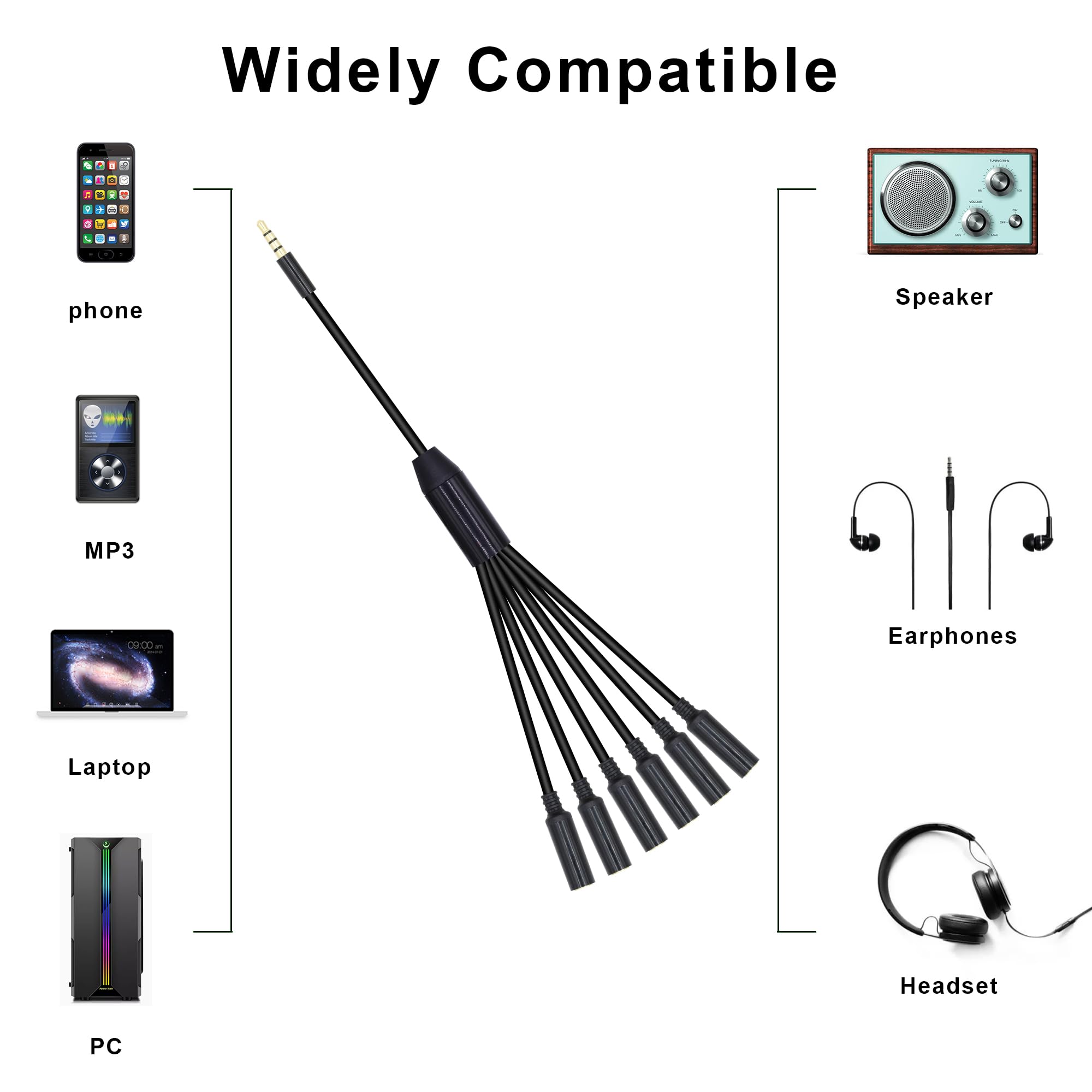 Divisor de auriculares de 3,5 mm, 1 a 6 vías, 3,5 mm, TRRS chapado en oro de 4 polos, macho a conector estéreo de 6 hembras, cable de audio para auriculares y micrófonos (50 cm)