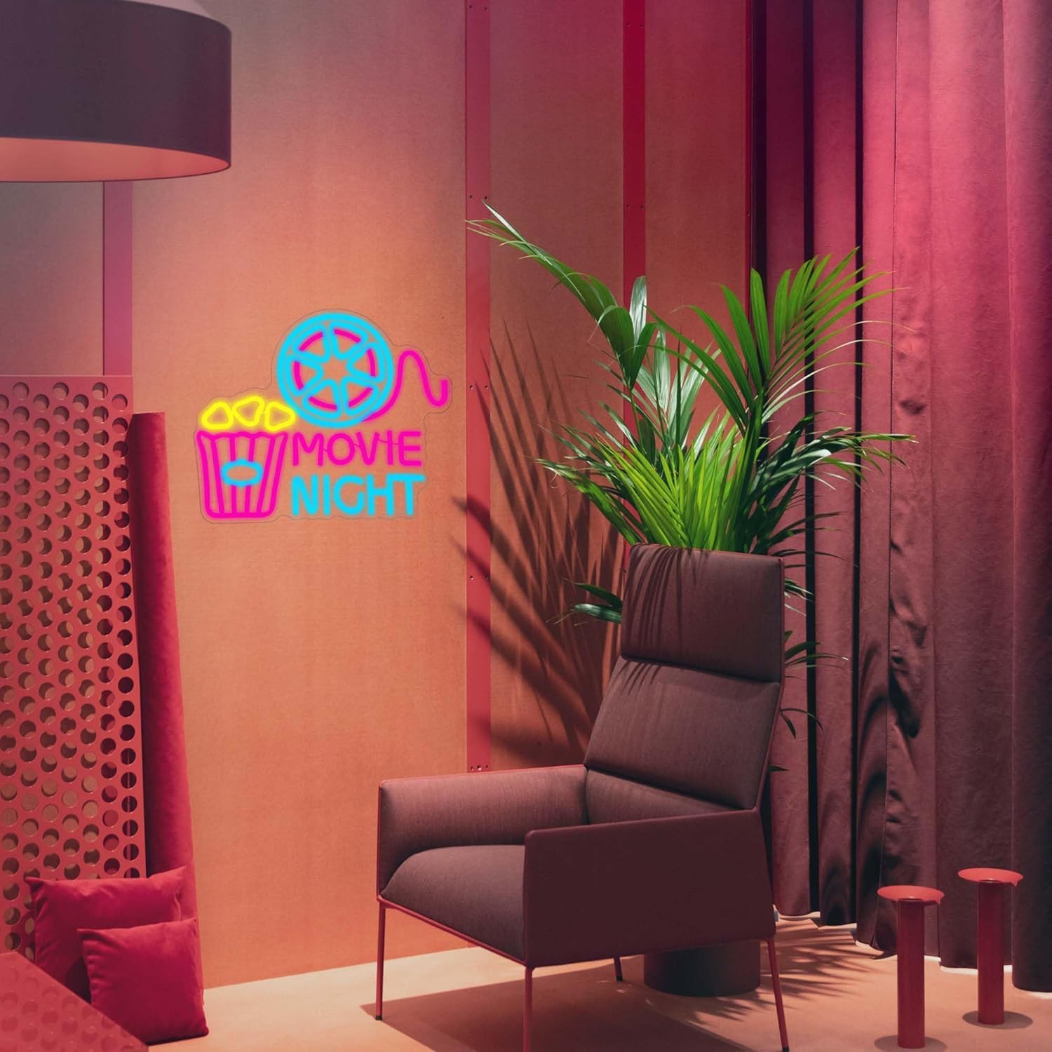 Insegna al neon con scatola di carta con popcorn, luce al neon a LED per decorazione da parete, decorazione per il cinema, luci USB dimmerabili per sala cinema, feste di compleanno
