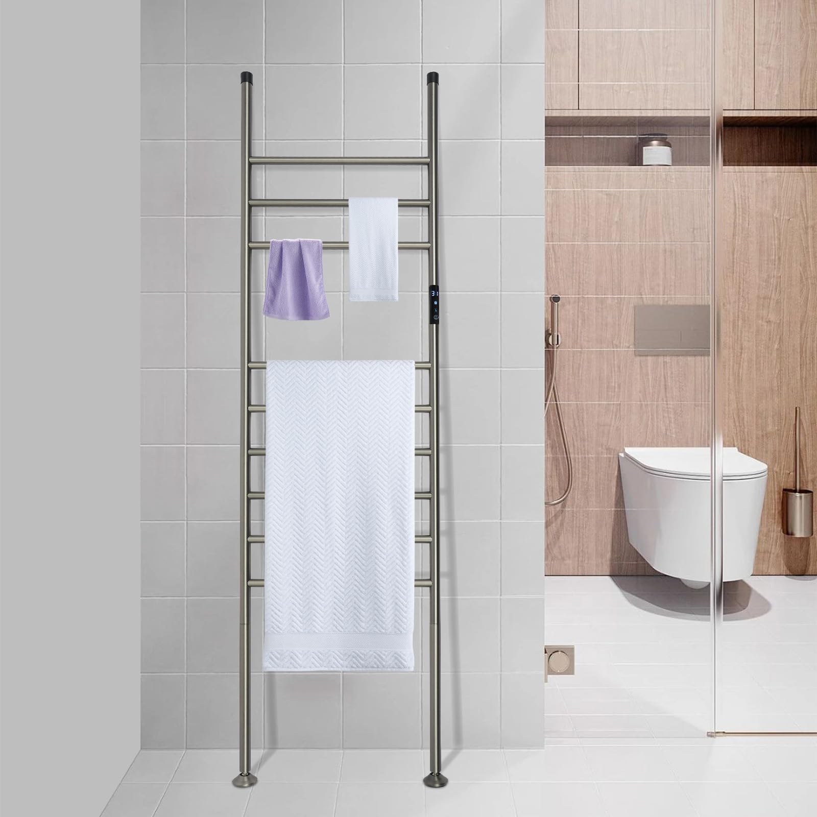Scaldasalviette elettrico, 150 W, termosifone elettrico con timer, portasciugamani in acciaio inox, temperatura 45 ~ 70 ℃, per asciugare asciugamani, asciugamani da bagno (Gun Grey)