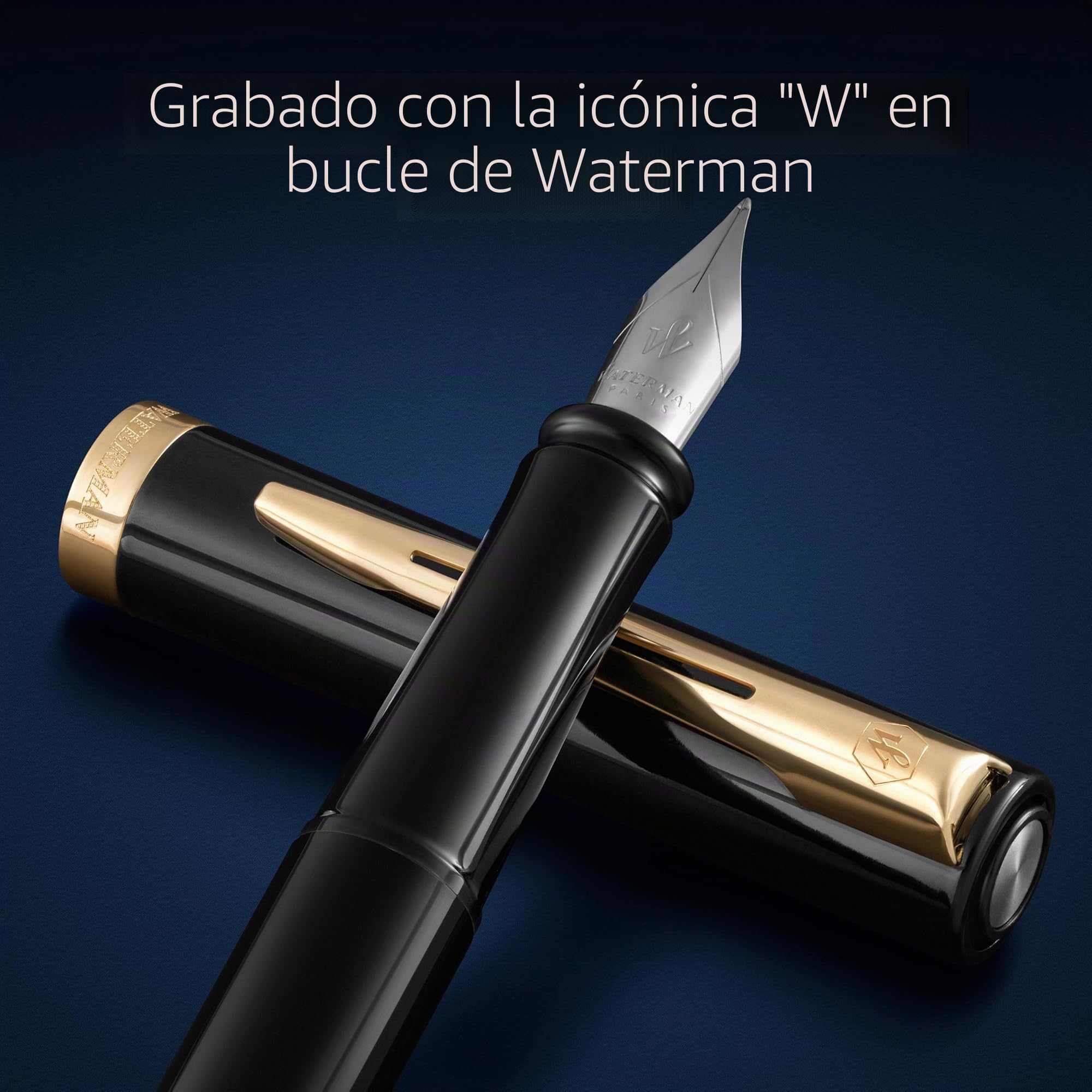 Waterman Impression Pluma estilográfica | Plumín medio con recarga de tinta azul | Laca negra con adornos chapados en oro | Caja de regalo