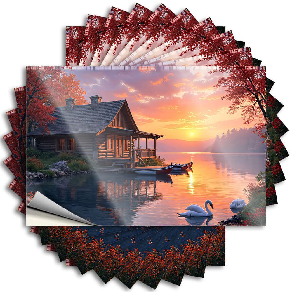 A Serene Lakeside Cabin At Sunset with Boats and Swans Big Front Entrance Decor - Quote Hard Removable Vinyl Decal(8X12CM)