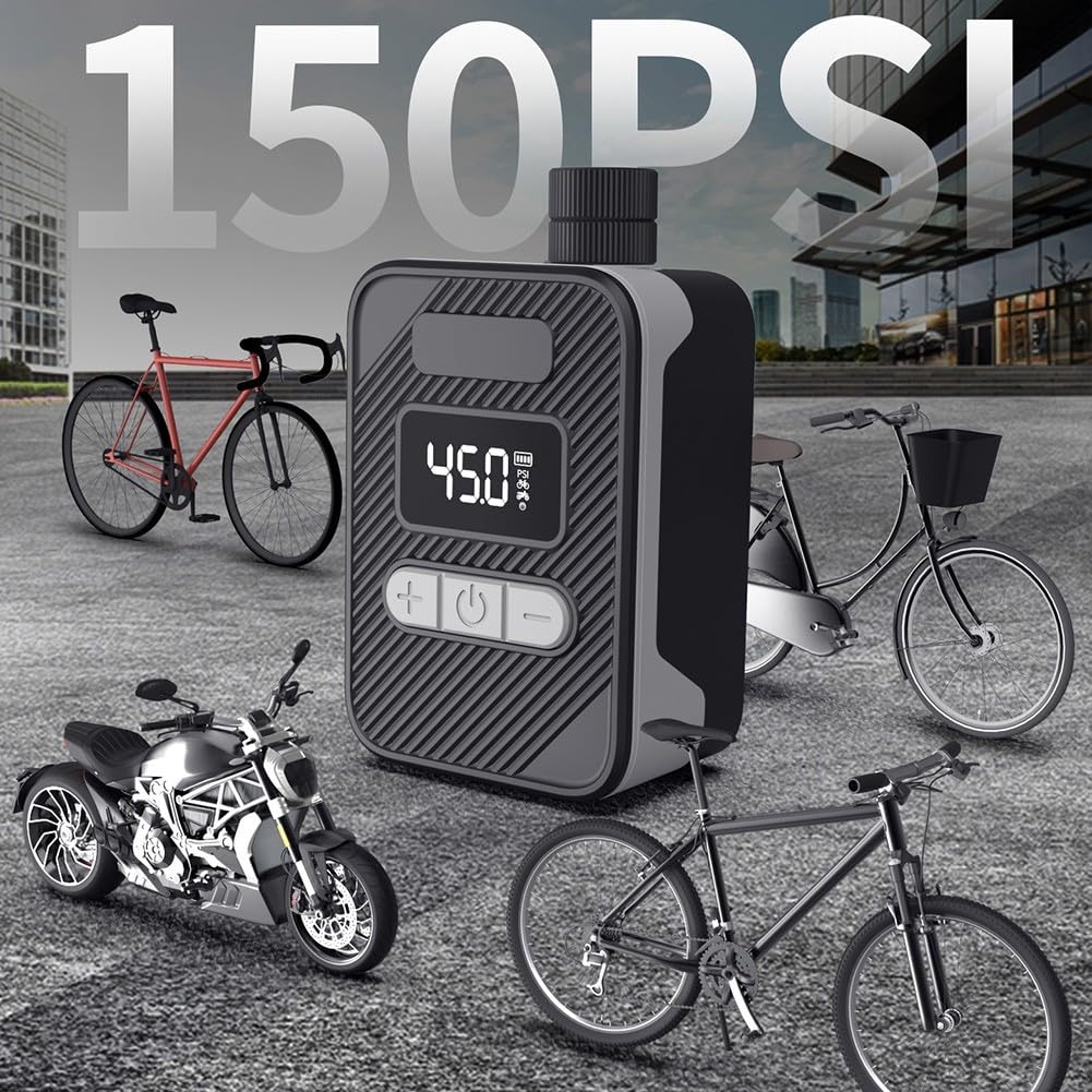 Aria elettrica portatile, 150 psi, con display digitale, per pneumatici da bici e moto, ricaricabile tramite USB-C, con 4 ugelli, colore grigio