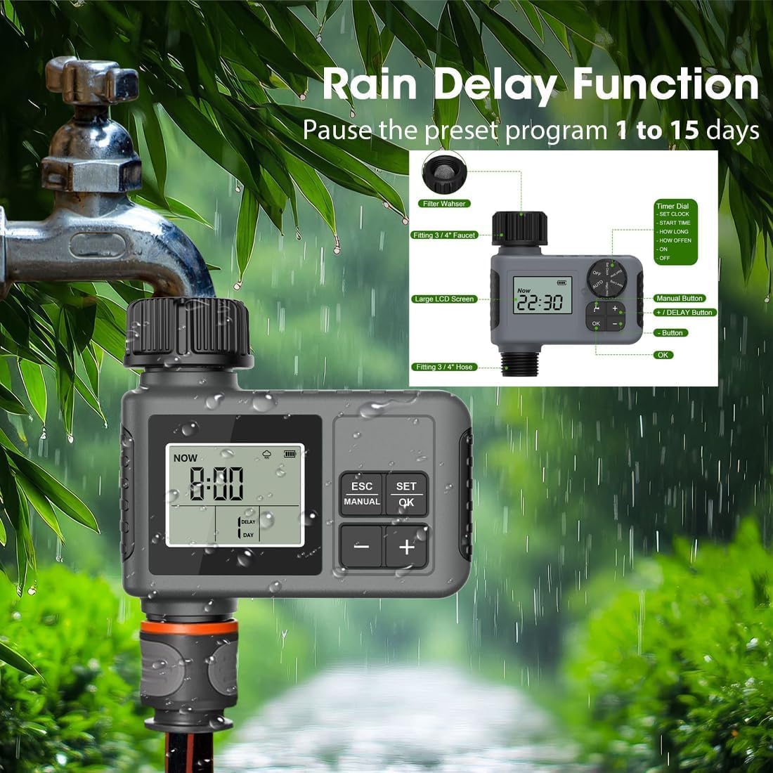 Arroseur oscillant à 16 buses avec minuterie d'arrosage double zone, arroseurs d'eau réglables pour pelouse, cour, jardin, système d'irrigation automatique robuste (vert)