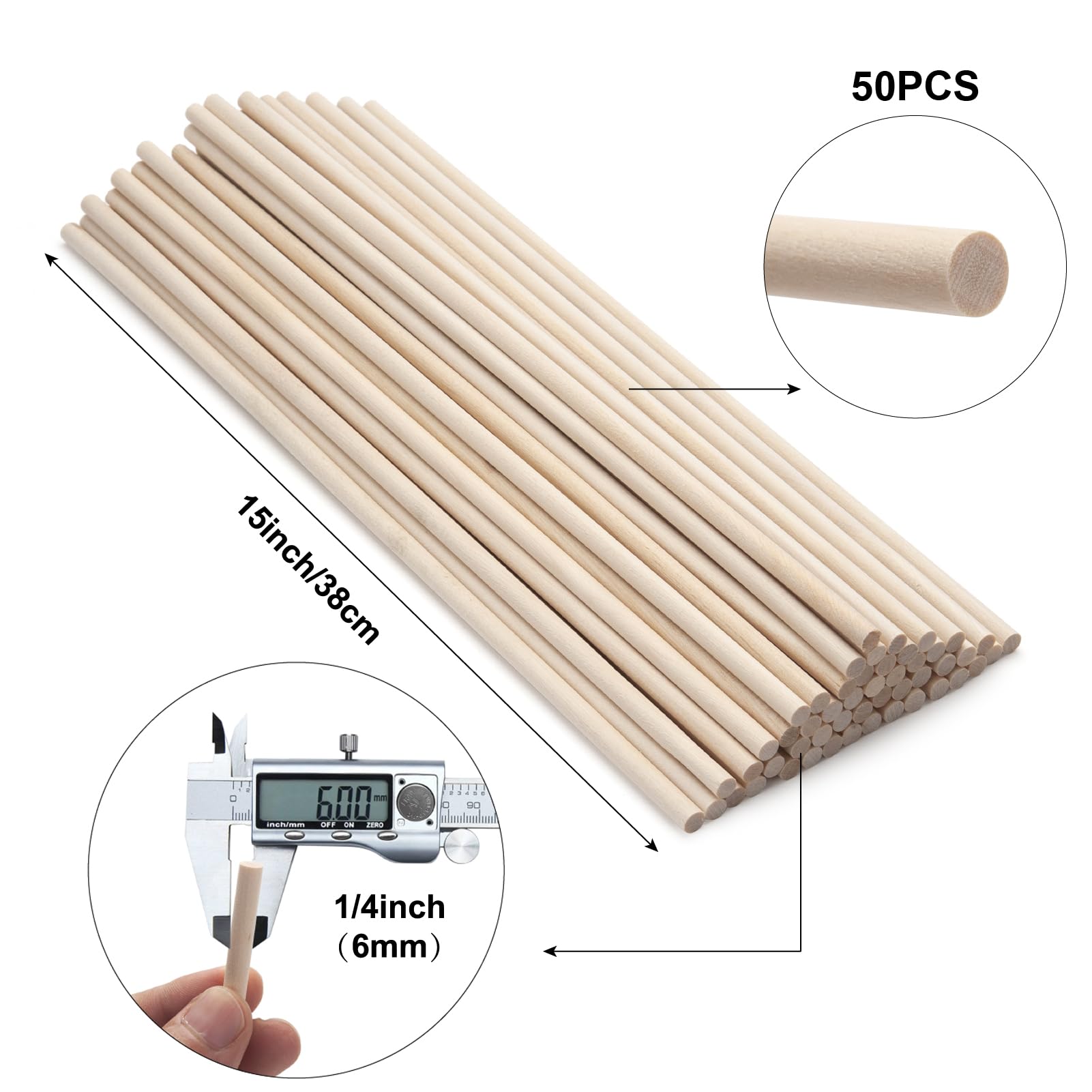 Wooden Dowels Wooden Sticks for Crafts 50PCS 6 x 380mm Round Wood Dowel Rods for Macrame Lollipops and Tiered Cake Dowel Rod - Image 2