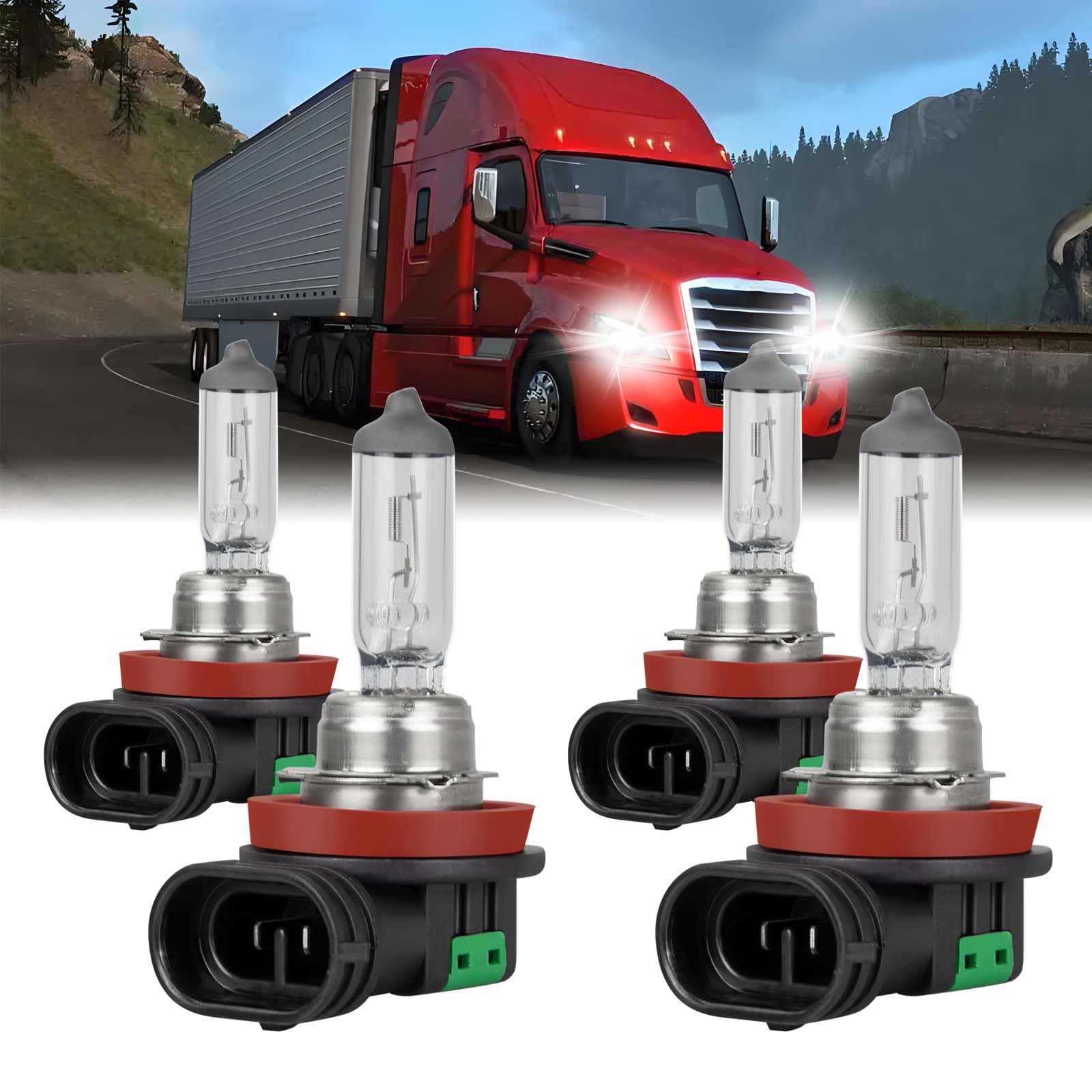 QUAYUB For Freightliner Cascadia Commercial Truck (2008-2017) Halogen Headlight Bulbs, H11 High Beam+H11 Low Beam, High Performance Replacement Bulb,