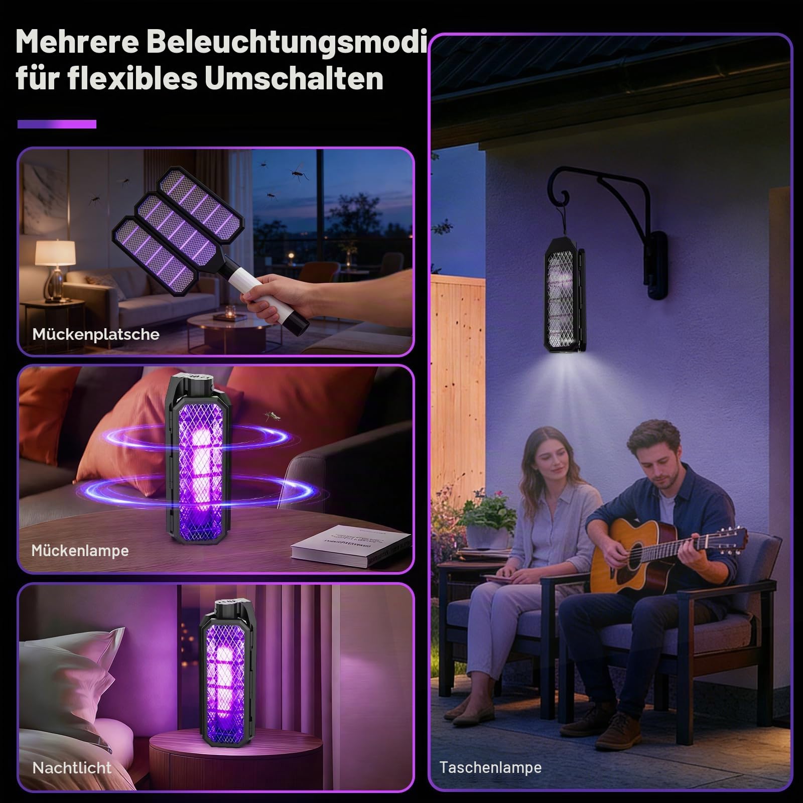 2 in 1 Elektrische Fliegenklatsche, Fliegenlampe,USB Aufladbarer, Faltbar Tischgerät/Wandgerät/Handgerät Mückenklatsche, Anti Mücken Lampe für Innen Outdoor Schlafzimmer Haus Patio Hinterhof (Schwarz)