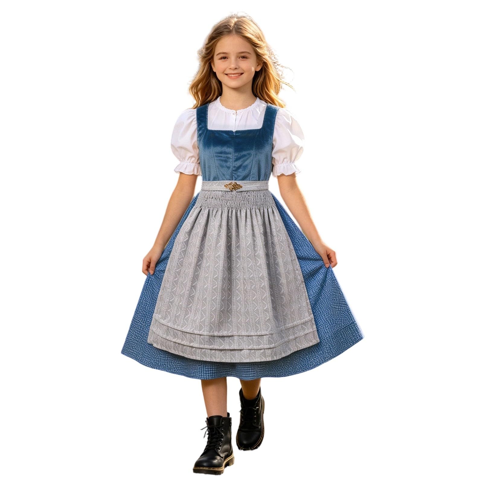 Dirndl dziewczęca bluzka i fartuch w tradycyjnym stylu dla dzieci, dziewczynek, fartuch do stroju bawarskiego, długi, średniowieczny, zestaw tradycyjny