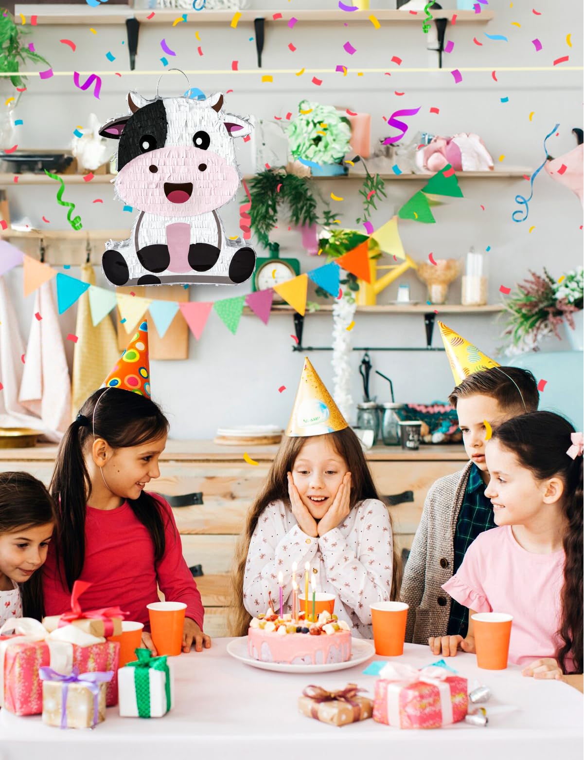 Bonita piñata de vaca para cumpleaños de niñas y niños, piñata de vaca rosa que incluye venda, palo y confeti, decoración perfecta para fiestas temáticas de animales de granja (16 x 13 x 3.5 pulgadas)