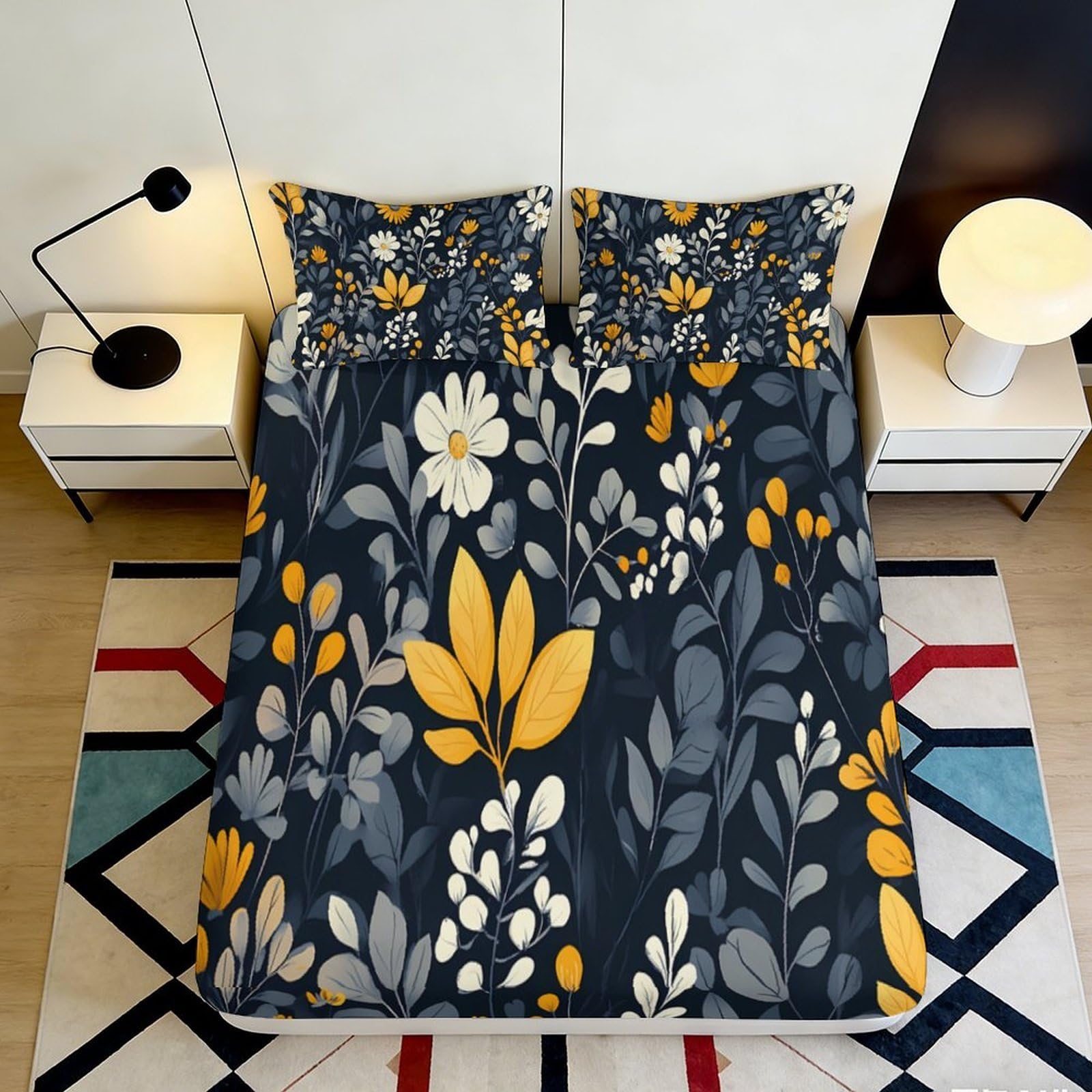 3D Printed Yellow Floral Fitted Sheet Microfiber Soft Botanical Leaves Mattress Cover Bedroom Decor Machine Washable 180x200x25cm