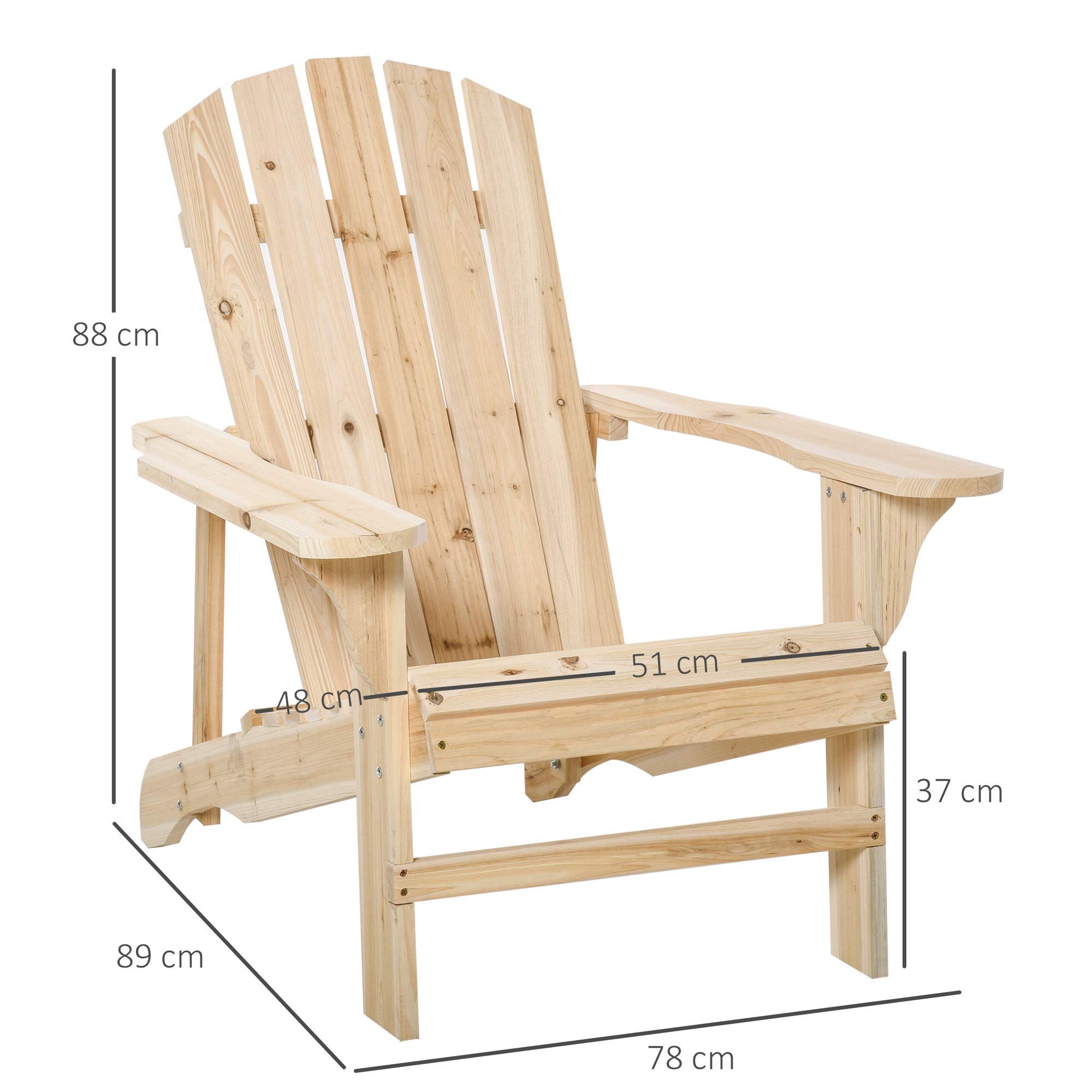 Outsunny Fauteuil Adirondack Fauteuil de Jardin Chaise de Jardin de Plein Air dim. 78L x 89P x 88H cm Bois Massif Sapin Naturel pour Jardin, Terrasse et Balcon