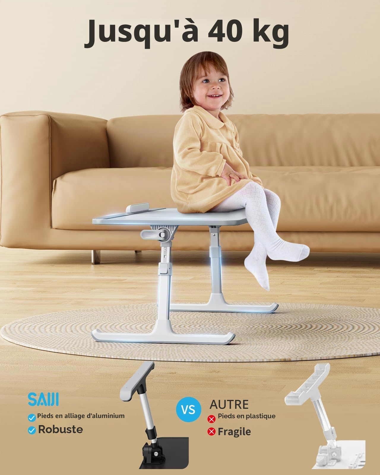 SAIJI Table de Lit Pliable Réglable Hauteur Angle Max 17'' Ordinateur Portable Gris 60x33cm