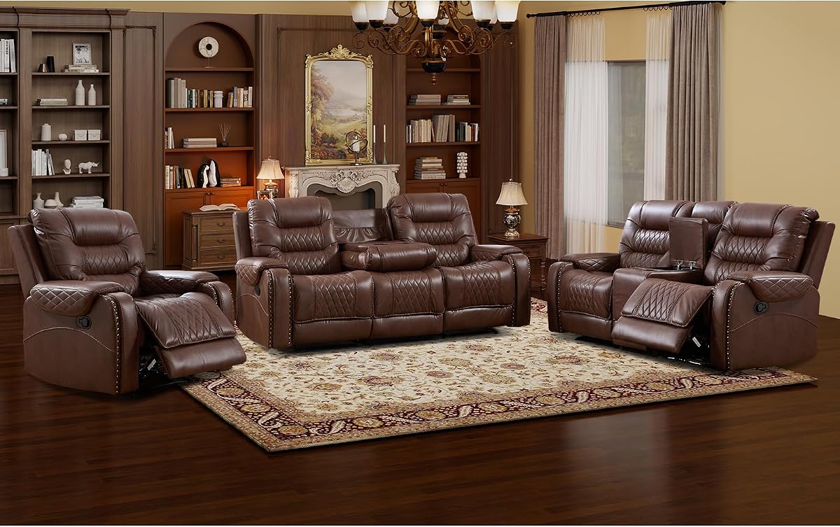 3PCS Faux Leather Recliner Sofa Furniture Set, Included Recliner Chair, Manual Loveseat and 3 Seat Reclining Sofa Couch, Vintage Rivet Mid-Century Modern Design for Living Room, Brown