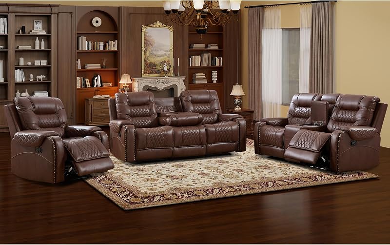 3PCS Faux Leather Recliner Sofa Furniture Set, Included Recliner Chair, Manual Loveseat and 3 Seat Reclining Sofa Couch, Vintage Rivet Mid-Century Modern Design for Living Room, Brown
