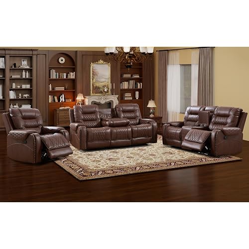 EBELLO 3PCS Faux Leather Recliner Sofa Furniture Set, Included Recliner Chair, Manual Loveseat and 3 Seat Reclining Sofa Couch, Vintage Rivet Mid-Century Modern Design for Living Room, Brown