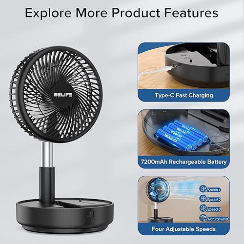 Miniatura 3 de Belife Ventilador portátil X8, batería recargable de 7200 mAh, ventilador de piso USB oscilante con control remoto, ventilador telescópico plegable