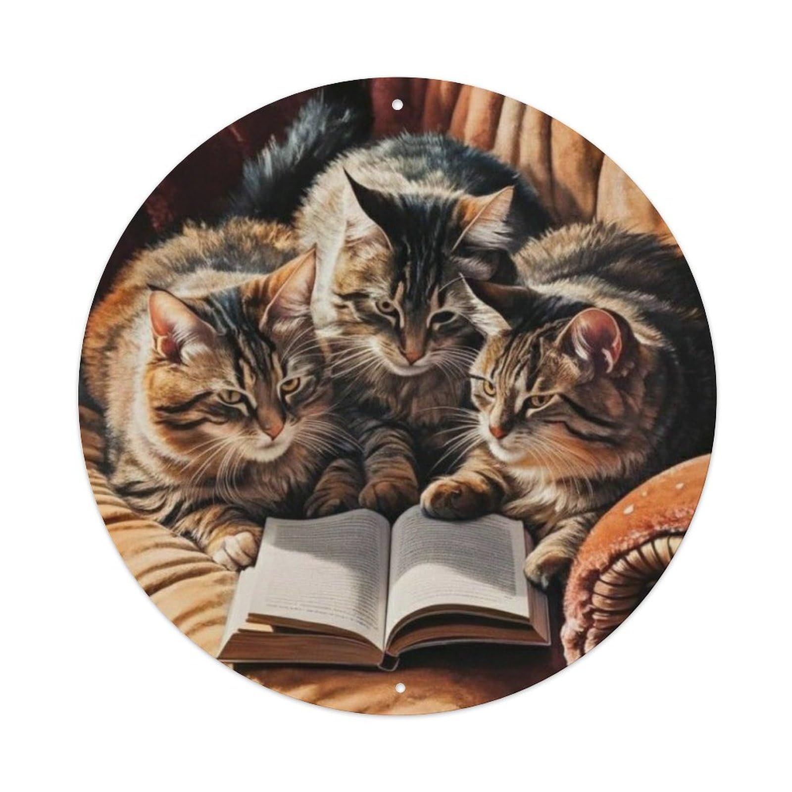 Animal Tabby Cats Reading Book Cozy Vintage Vintage Metal Tin Sign Plaque Wall Decor for Cafe, Club Bar, Office, Garden Metal Poster 8x8Inch