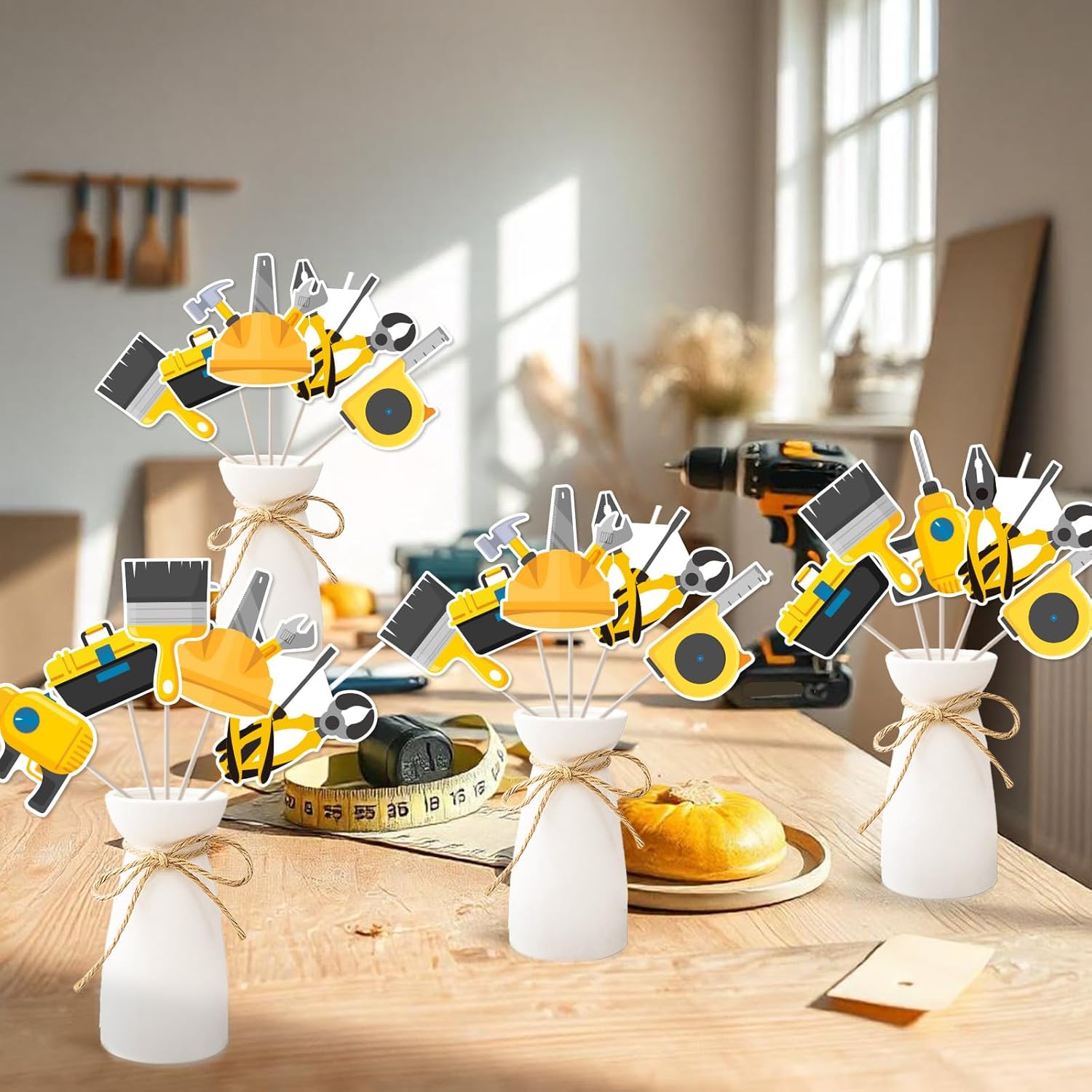 Tools Party Decorations 24PCS Tools Birthday Party Centerpieces Sticks Hammer Mechanic Drill Party Decorations Toolbox Table Centerpieces for Baby Shower Birthday