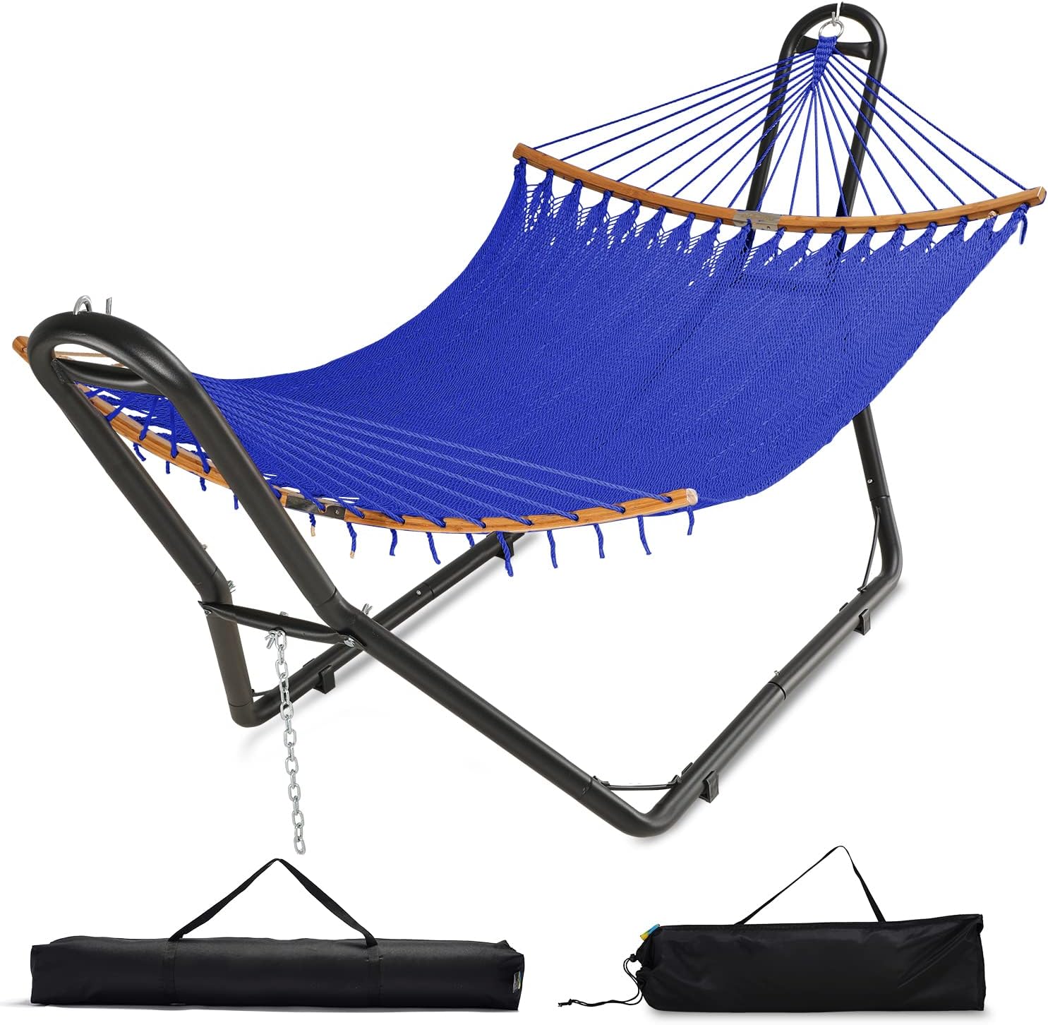 Double Rope Hammock with Stand and Carrying Case, 10 Feet Hammock Frame, 2 People Hammock Combo for Backyard Garden Patio Indoor Outdoor (Blue)
