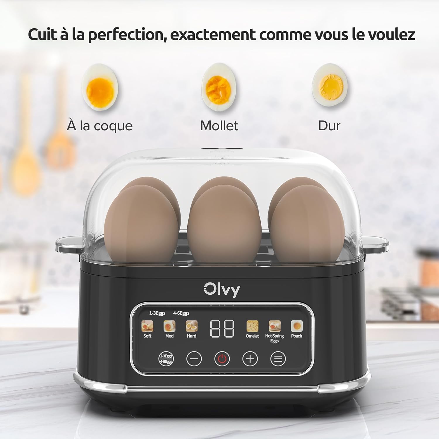 Olvy Electric Egg Cooker demonstrating three egg consistencies: soft-boiled, medium-boiled, and hard-boiled, with corresponding settings on the control panel.