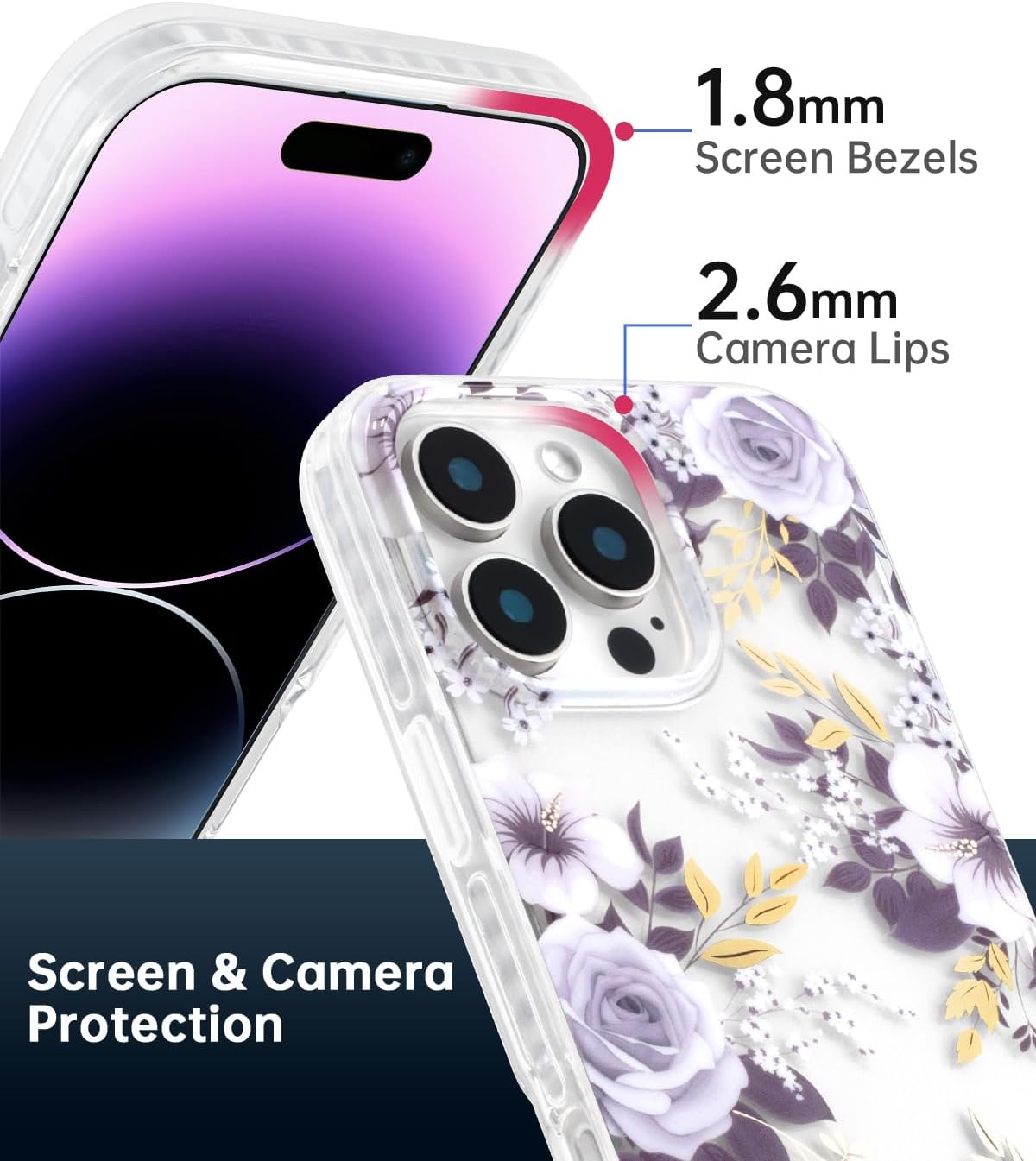 SCORPIFY for iPhone 16 Pro Case with Purple Hibiscus and Rose Floral Design, Cute Clear Flower Phone Cover for Women Girls, [Non Yellowing] Slim Shockproof Bumper with Gold Accents