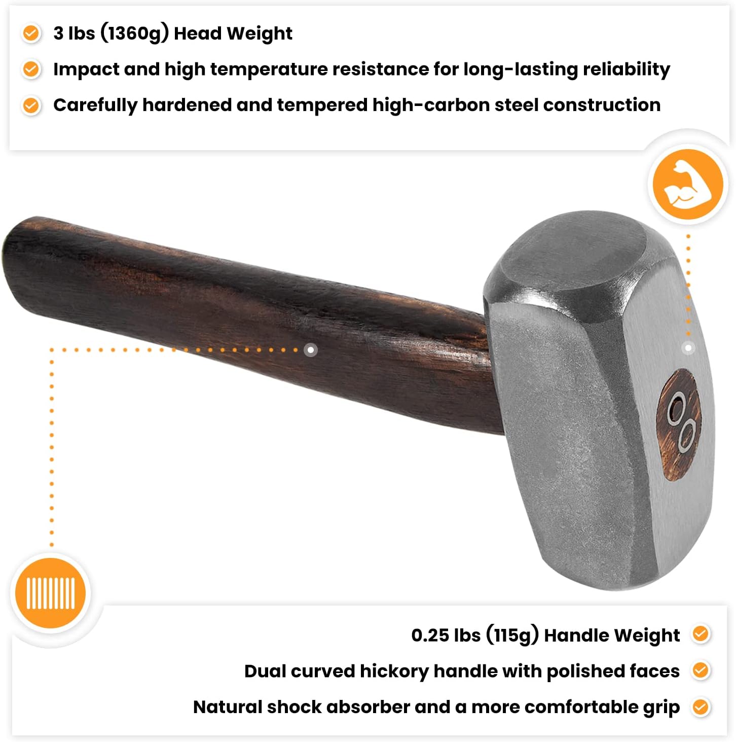 3lb Blacksmith Hammer Bladesmith Forge Engineer Drilling Stubby Hammer Handmade Knife Making Metal Working Forging Farrier Tool Flat Round Face with Wooden Handle Steel Head