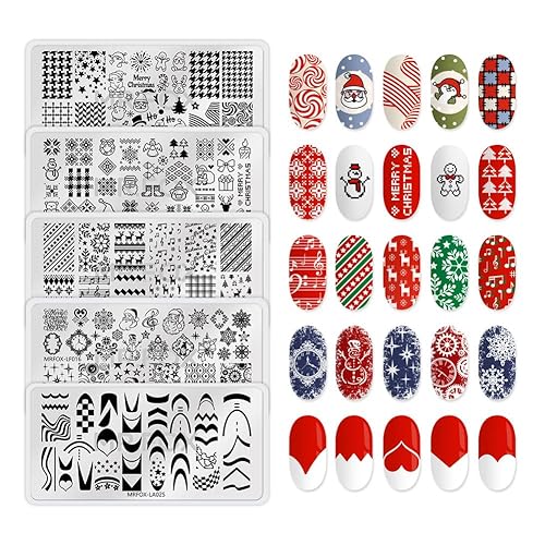 Juego de placas de estampado de uñas de Navidad, copo de nieve de invierno, muñeco de nieve de Navidad, árbol de Navidad, Papá Noel, 5 piezas,