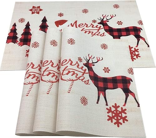 Miniatura 3 de WAZAIGUR Manteles individuales para cocina/mesa de comedor, manteles individuales de Navidad, copos de nieve, renos, árboles de Navidad, lavables,