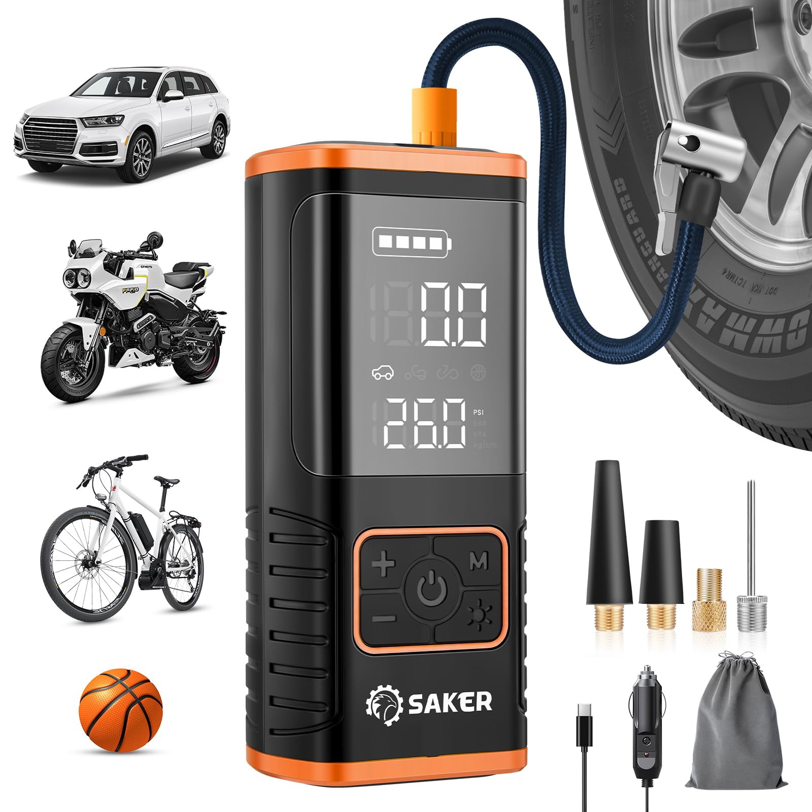 Saker Tire Inflator Portable Air Compressor - 150PSI Car Tires Air Pump with Tire Pressure Gauge Led Light