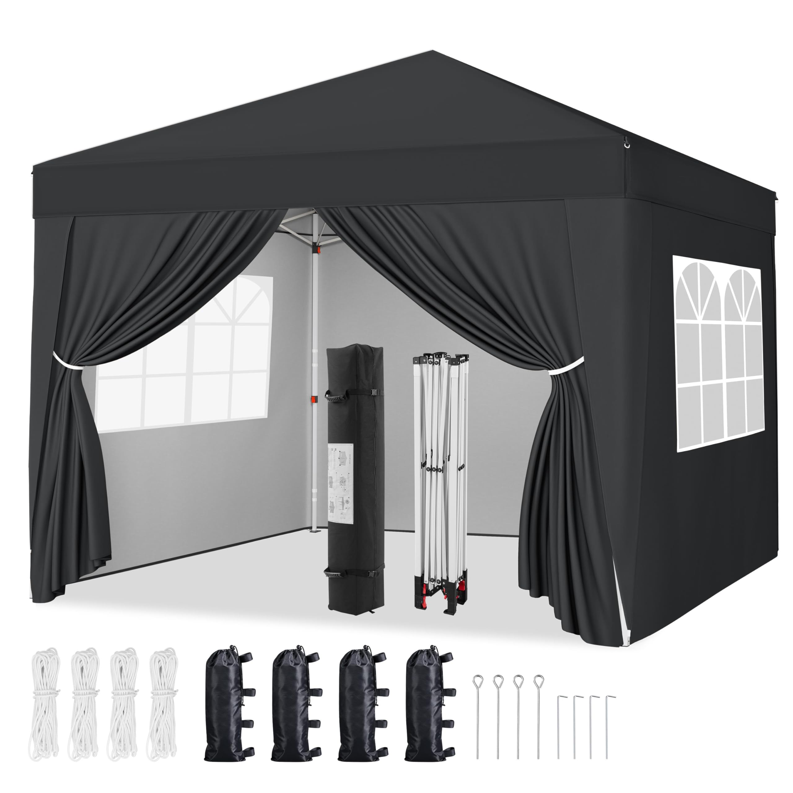 Yaheetech Pop-Up Gazebo 2x2 with 4 Removable Side Panels, Silver-costed Oxford Marquee Canopy with Wheeled Bag & Sandbags, Metal Frame Shelter Tent for Outdoor Garden Party Camping, Black