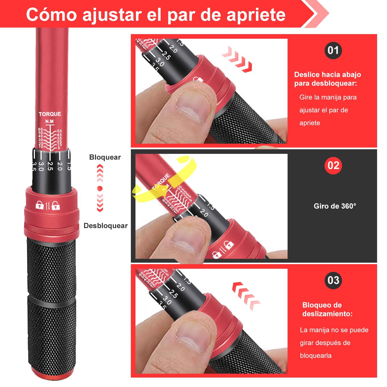 ATsafepro Llave Dinamométrica 3/8'', Llave Dinamométrica coche 5-60 Nm, Chave Dinamométrica para Bicicleta, Moto y Coche Mantenimiento del Vehículo,Precisión ±3% con 72 Dientes