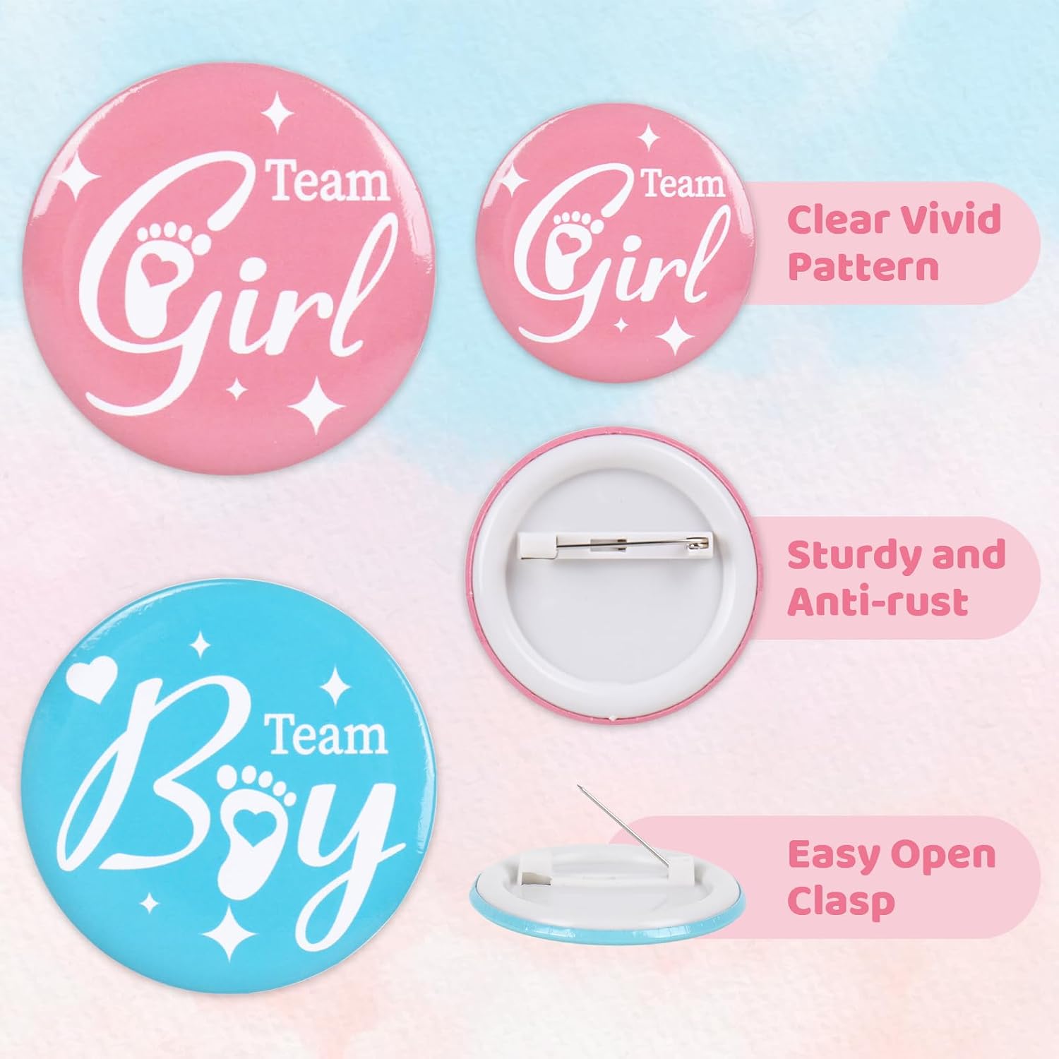 Whaline 50Pcs Gender Reveal Pins Pink Blue Team Boy or Girl Brooch Button Badge Pin for Baby Shower Birthday Party Favor Games Supplies