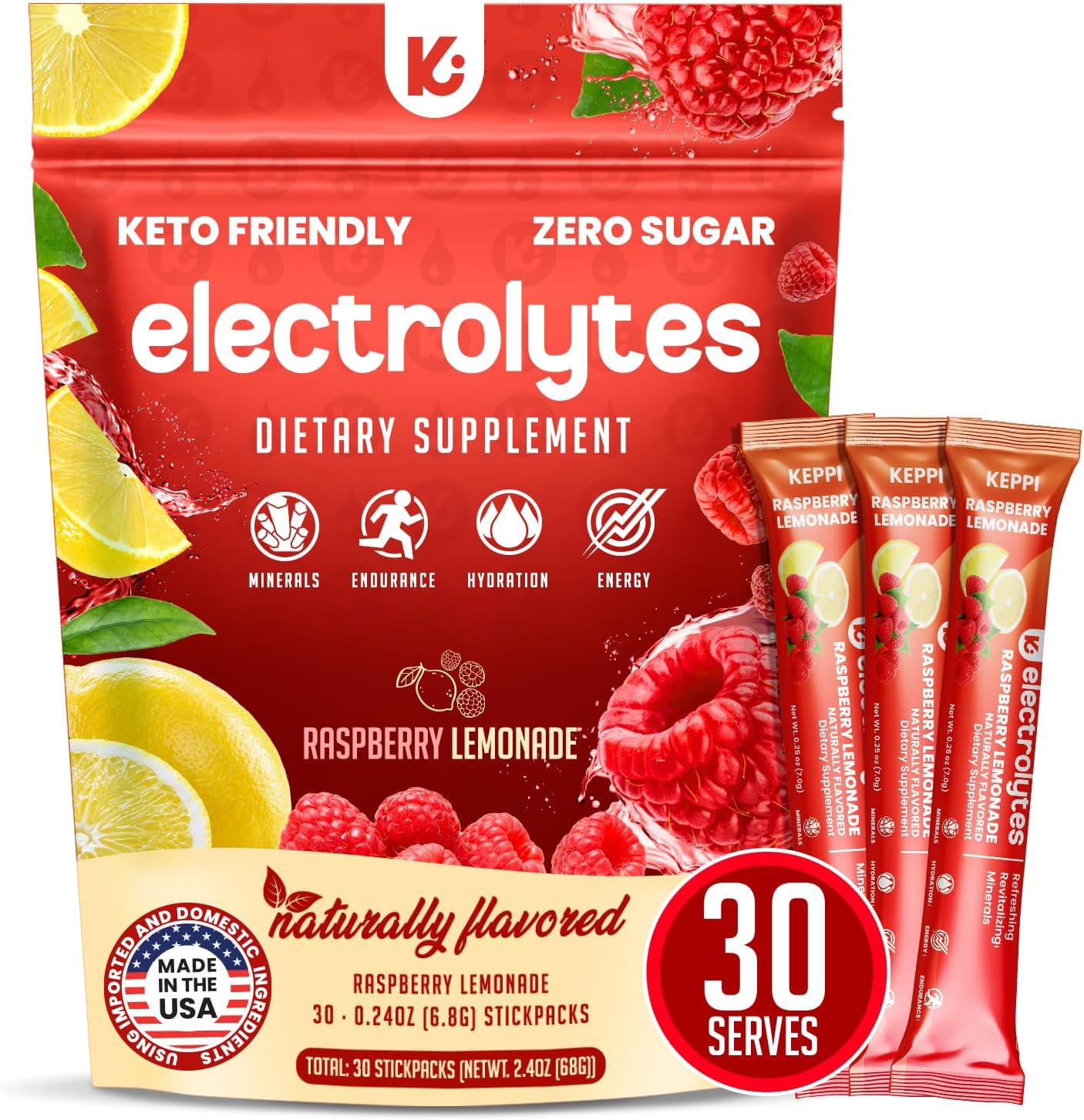Keppi Electrolytes Powder Packets – Raspberry Lemonade 30 Servings – No Sugar Hydration Supplement with Potassium, Magnesium, Sodium – Keto, Vegan, Fasting-Friendly, Zero Calorie Hydration Packets