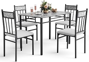 NAFORT 5 Piece Dining Table Set for 4, Faux Marble Kitchen Table and Chairs Set of 4, Modern Rectangular Dining Room Table with Upholstered Dining Chairs, Metal and Wood Dining Set Kitchen Furniture