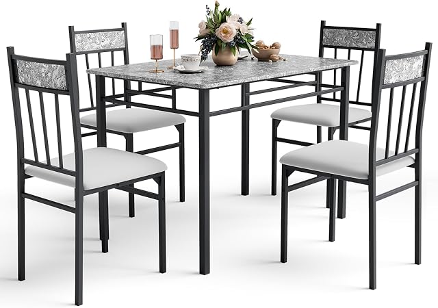 NAFORT 5 Ensemble de table à manger pour pièces 4, Table de cuisine en marbre faux et chaises 4, Table moderne de salle à manger rectangulaire avec chaises à manger rembourrées, mobilier de cuisine en métal et bois