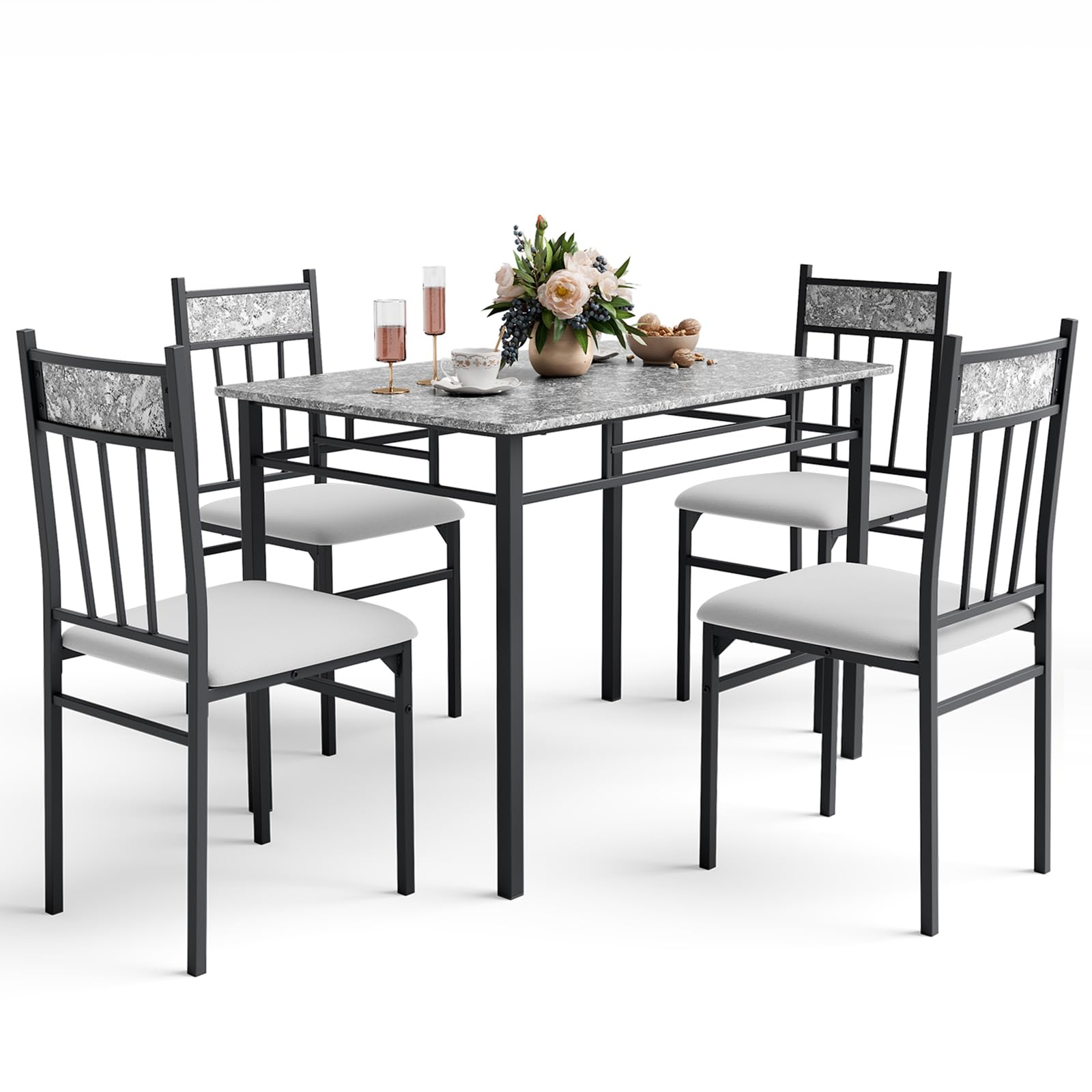 NAFORT 5 Piece Dining Table Set for 4, Faux Marble Kitchen Table and Chairs Set of 4, Vintage Rectangular Dining Room Table with Cushion Padded Seat, Metal and Wood Dining Set Kitchen Furniture, Grey
