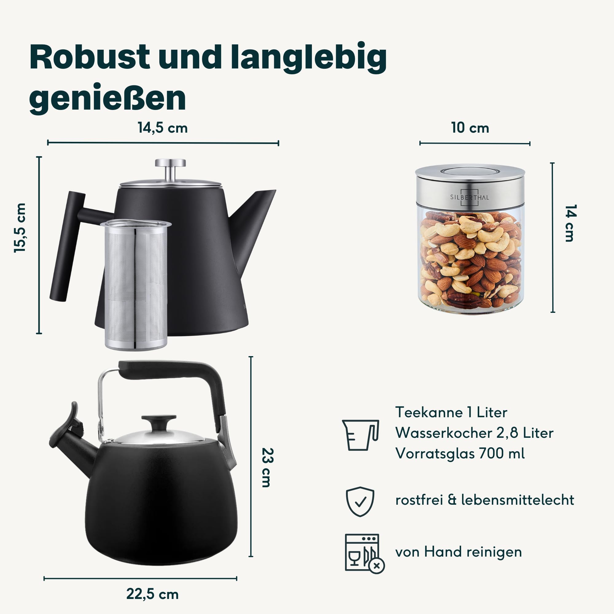 SILBERTHAL Teekannen 3er Set mit Wasserkocher Induktion und Vorratsglas | Für Teebeutel und losen Tee - aus Edelstahl & doppelwandig - Ideales Geschenkset für Teeliebhaber