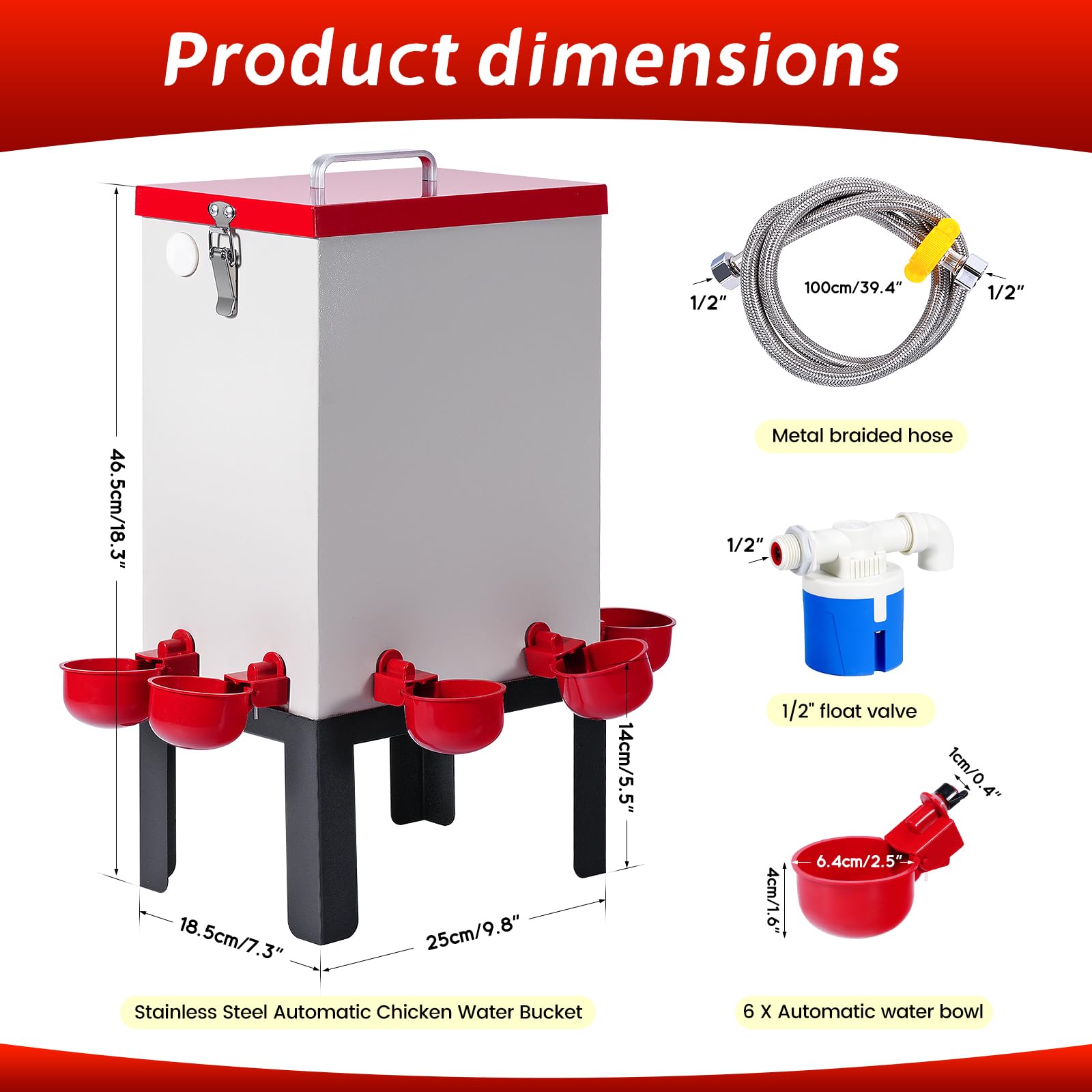 Bebedero automático para pollo de 12 litros con 6 vasos para bebedero automático para pollos, bebedero automático para pollos de acero inoxidable y pollitos para pollo, pato, ganso, pavo
