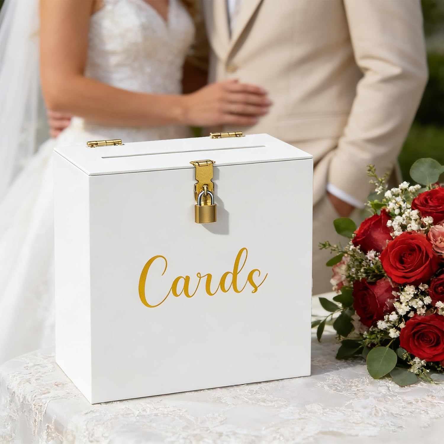 Acrylic Wedding Card Box with Slot & Lock, White Card Box for Wedding Reception, Elegant Money Envelope Box for Baby Shower Bridal Shower Graduation Birthday Party Decor 10.2x5.5x10.2 Inch