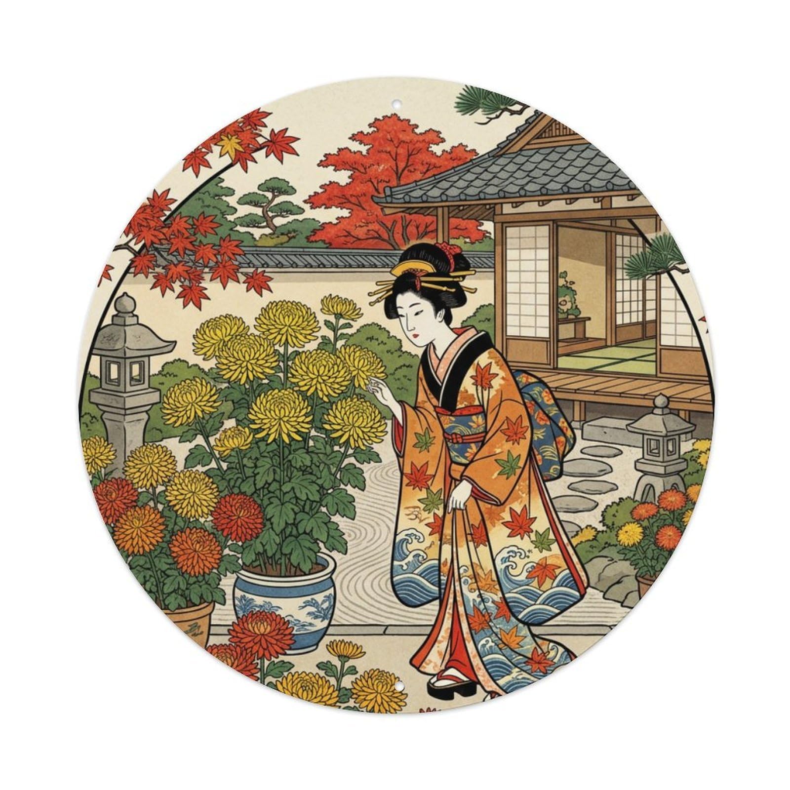 Cwbufd Vintage Style Japanese Geisha Chrysanthemum Courtyard Admiring Vintage Metal Tin Sign Plaque Wall Decor For Cafe, Club Bar, Office, Garden Metal Poster 8X8inch