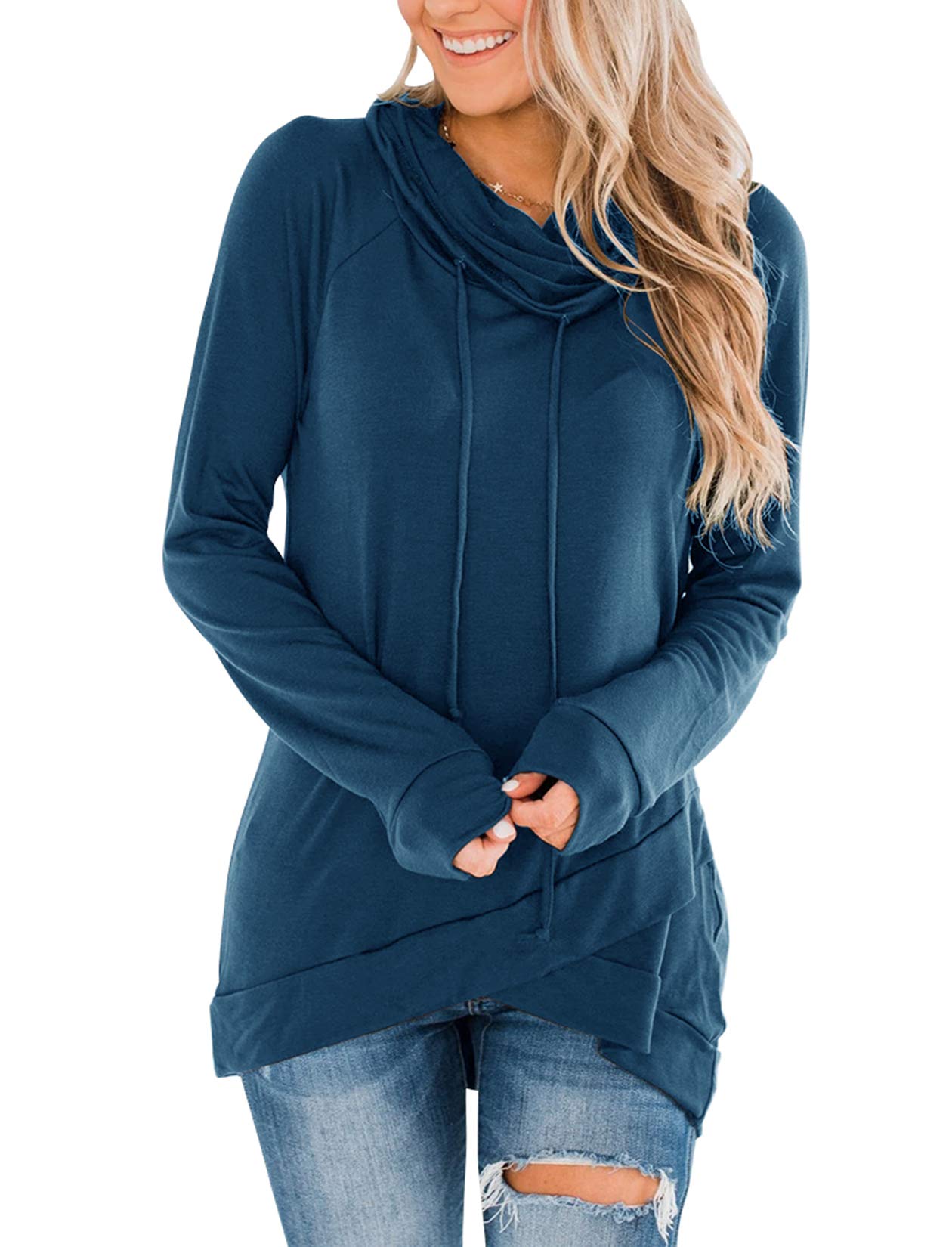 Fallorchid Womens Cowl Neck Tunic Tops Long Sleeve Pullovers Casual Drawstring Sweatshirts