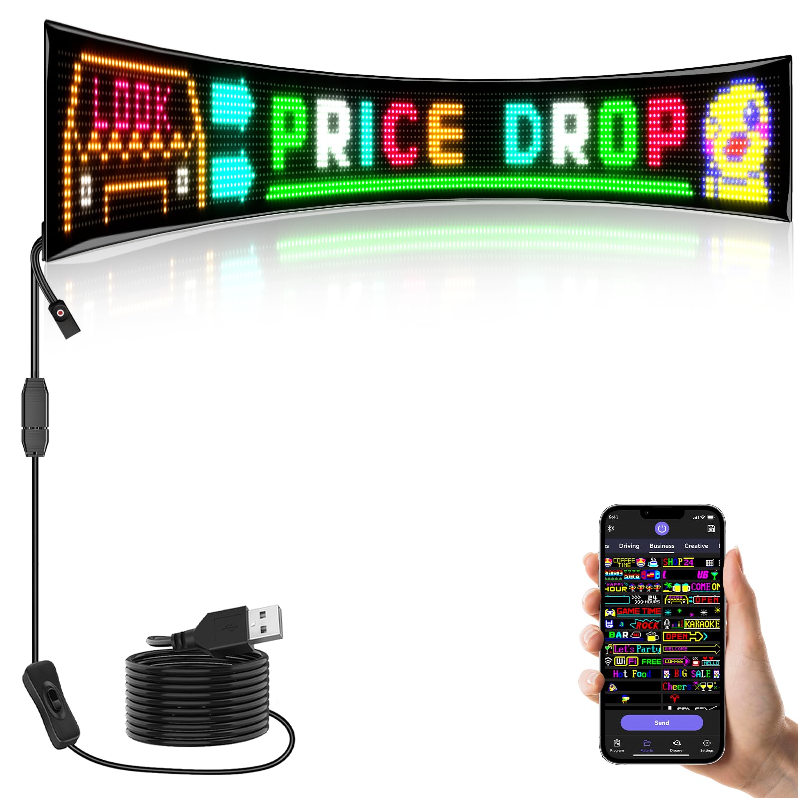 Znaki LED dla biznesu, aplikacja mobilna do programowania tekstu przewijany wyświetlacz LED, 195,6 x 20 cm, odpowiedni do: sloganów reklamowych okiennych/znaków sklepowych/ścian wewnętrznych/sloganów