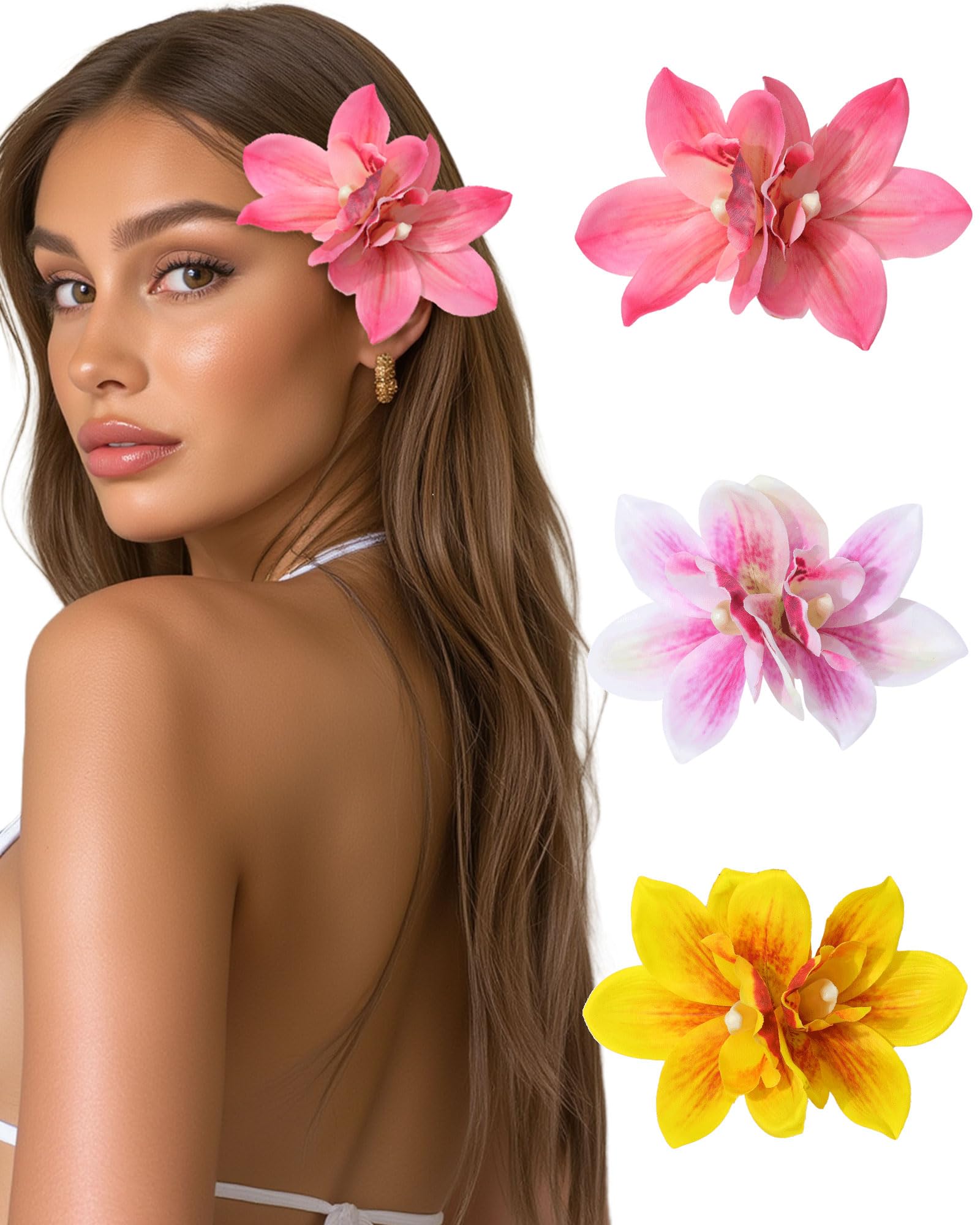WELROG 3 Pieces Hawaiian Flower Hair Clips for Women - Artificial Tropical Flower Hair Pin Orchid Beach Party Wedding