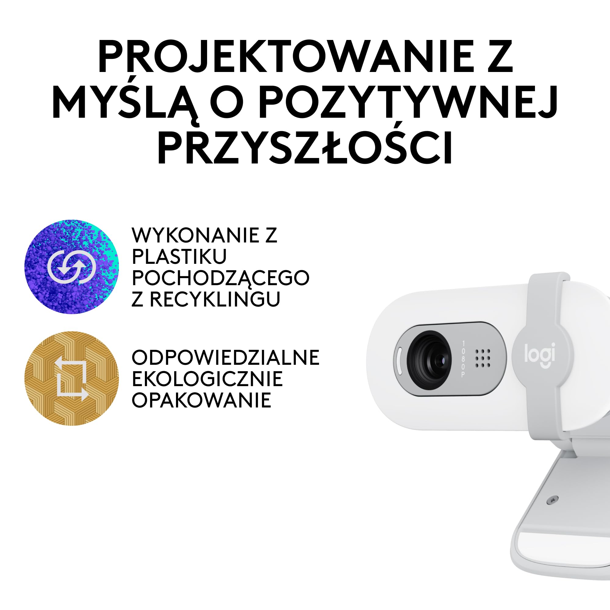 Logitech Brio 100 Full HD Kamera do spotkań i streamowania, automatyczny balans światła, wbudowany mikrofon, osłona migawki, USB-A, do Microsoft Teams, Google Meet, Zoom i innych - Biały