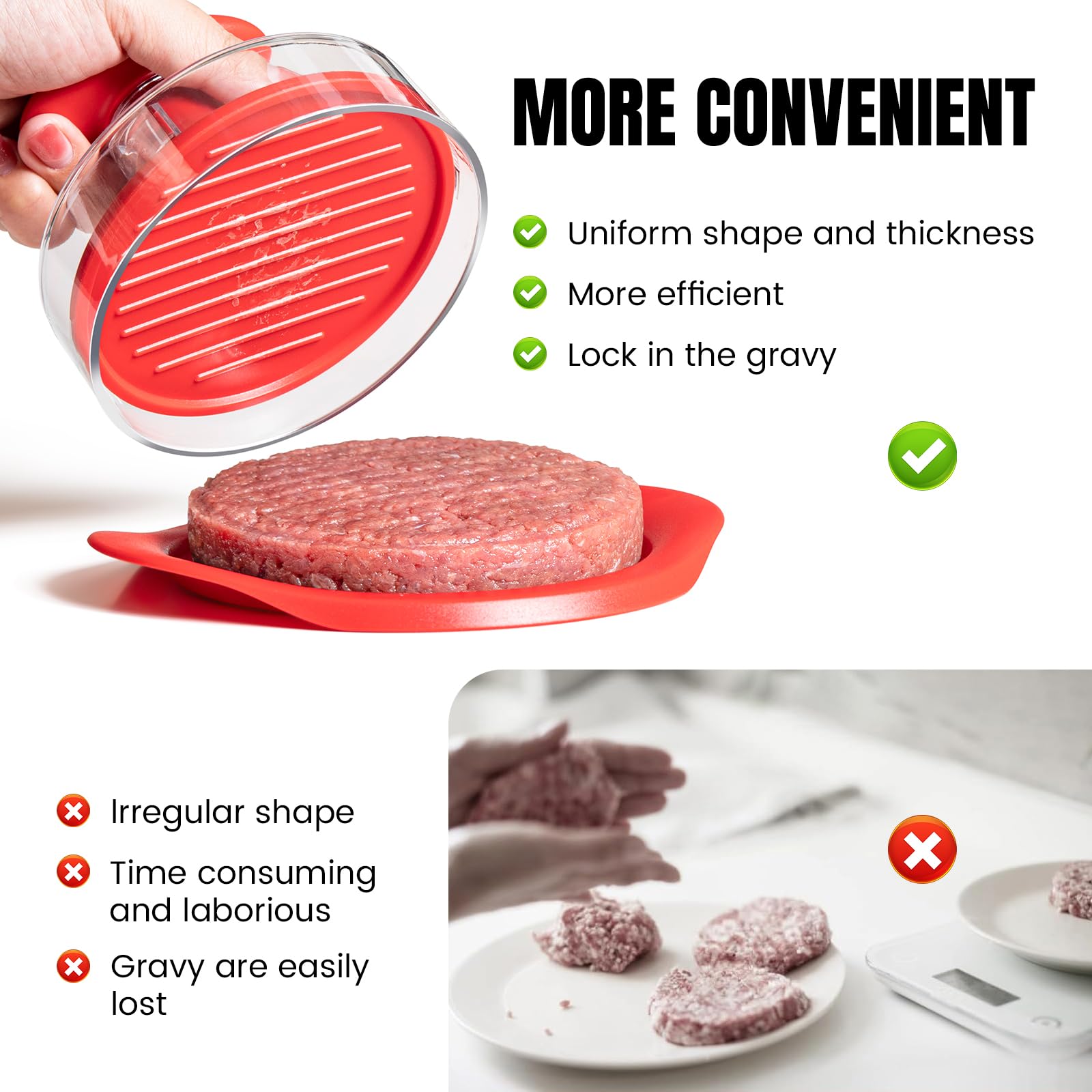 Burger Press, 6.4 inch Round Burger Smasher, 2 in 1 Non-Stick Burger Press Patty Maker for Making 1/2 lb and 1/4 lb BBQ Baking Stuffed Burgers Beef Burger(Red) — view 6