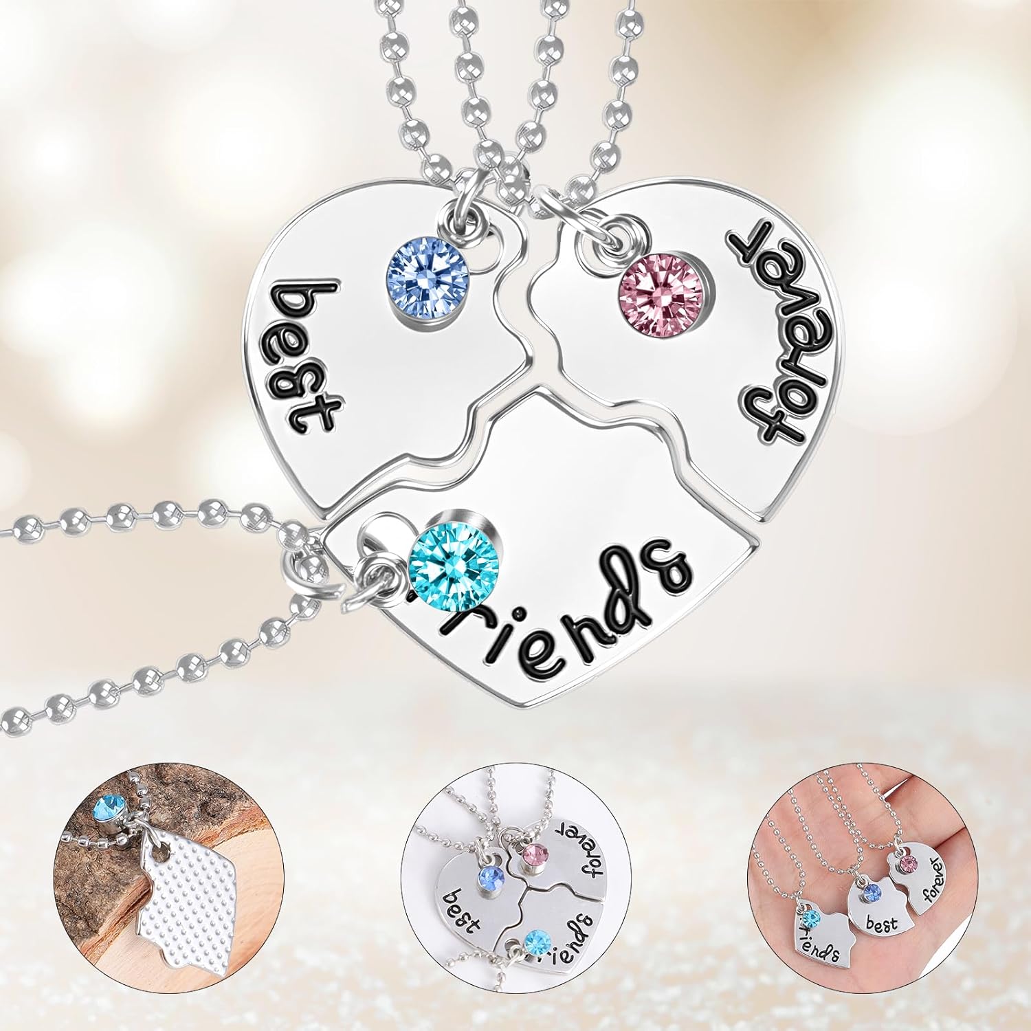 Friendship Necklace for 3, BFF Best Friend Necklaces 3 Heart Broken Stitching Necklace Heart Puzzle Matching Jewelry Gift for Women - Image 2