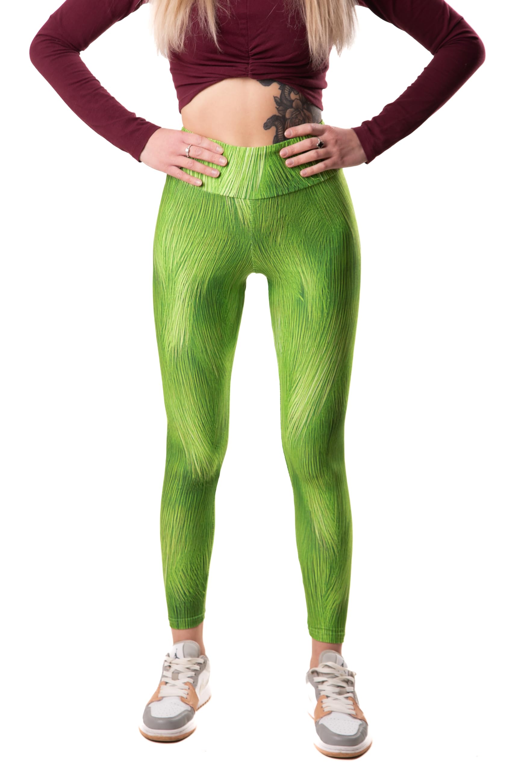 ComfyCamper Christmas Leggings Costume for Women Ladies Girls - Tights Pants Santa Claus Candy Cane Womens, Green, Large
