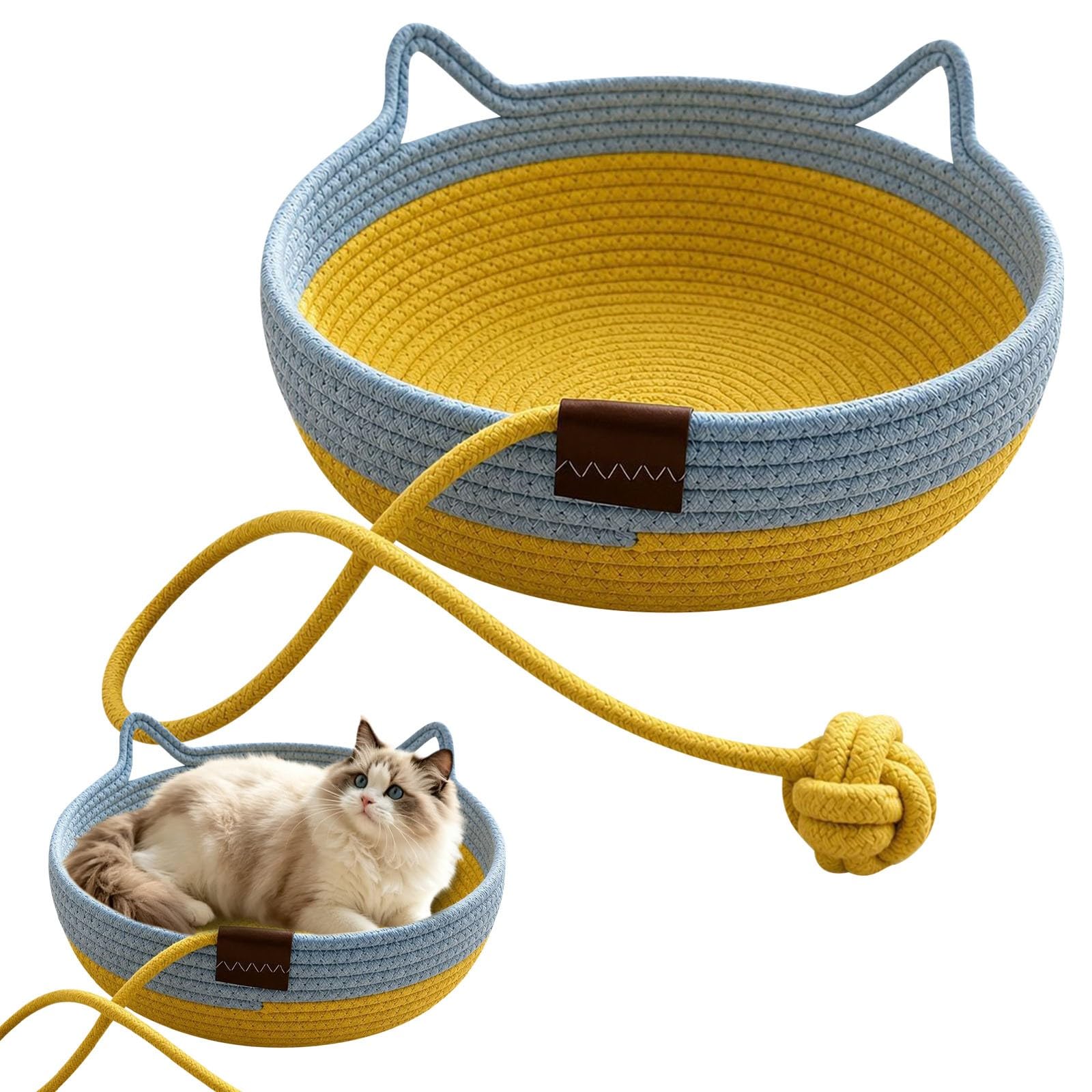 Cat Basket, Round Cotton Rope Cat Bed Scratching Pad, Breathable Foldable All-Season Pet Basket with a Playing Ball Toy, Boho Rope Woven Cats Bed (Grey) (Yellow-35CM)